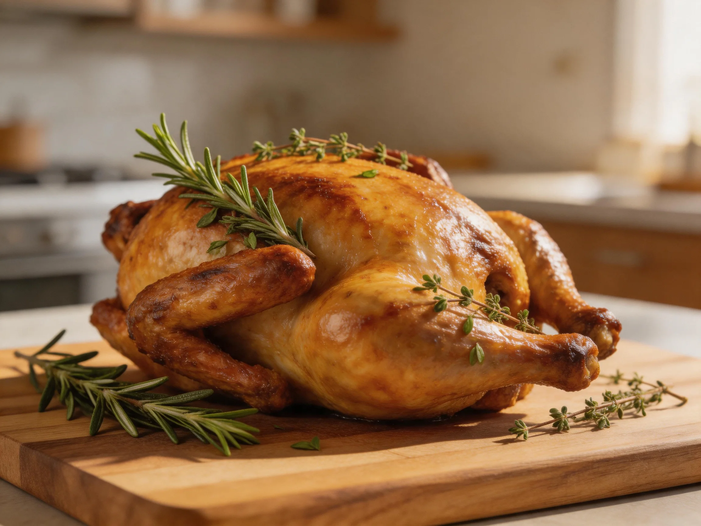 Golden-brown roasted chicken garnished with fresh herbs on a wooden cutting board