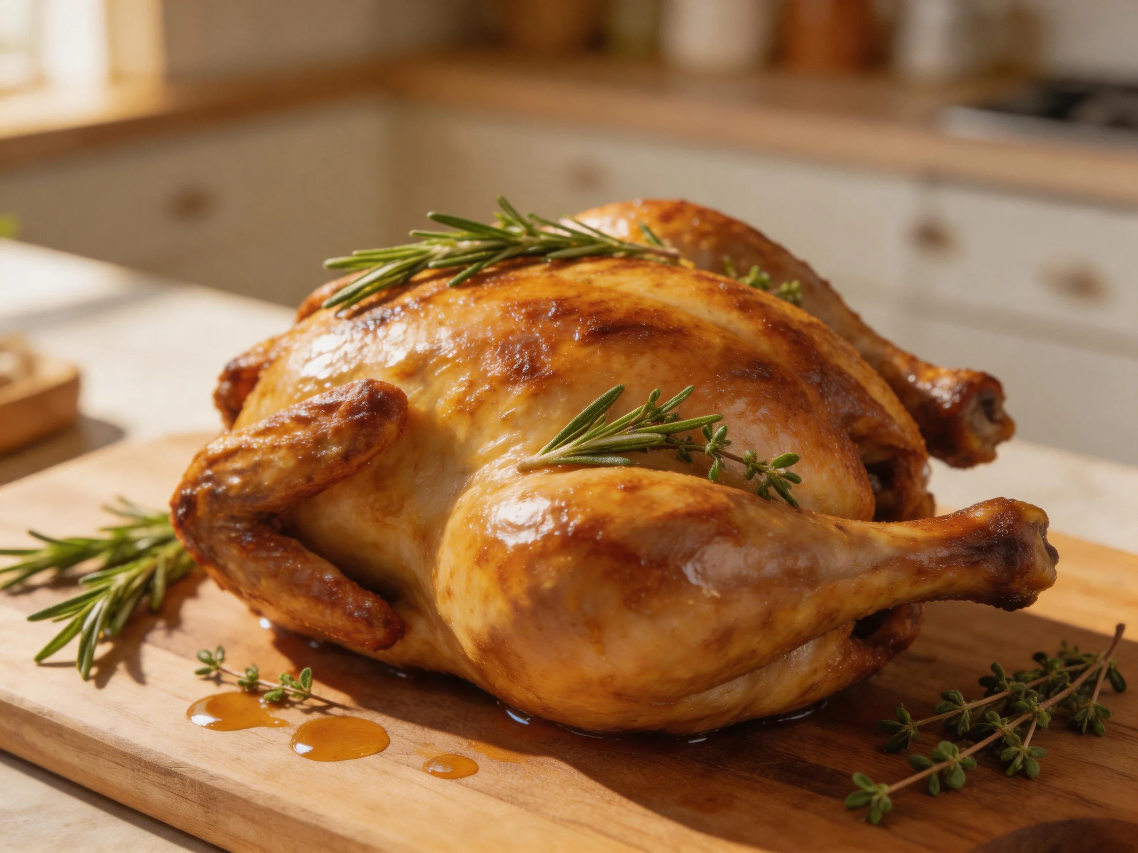 Golden-brown roasted chicken garnished with fresh herbs on a wooden cutting board