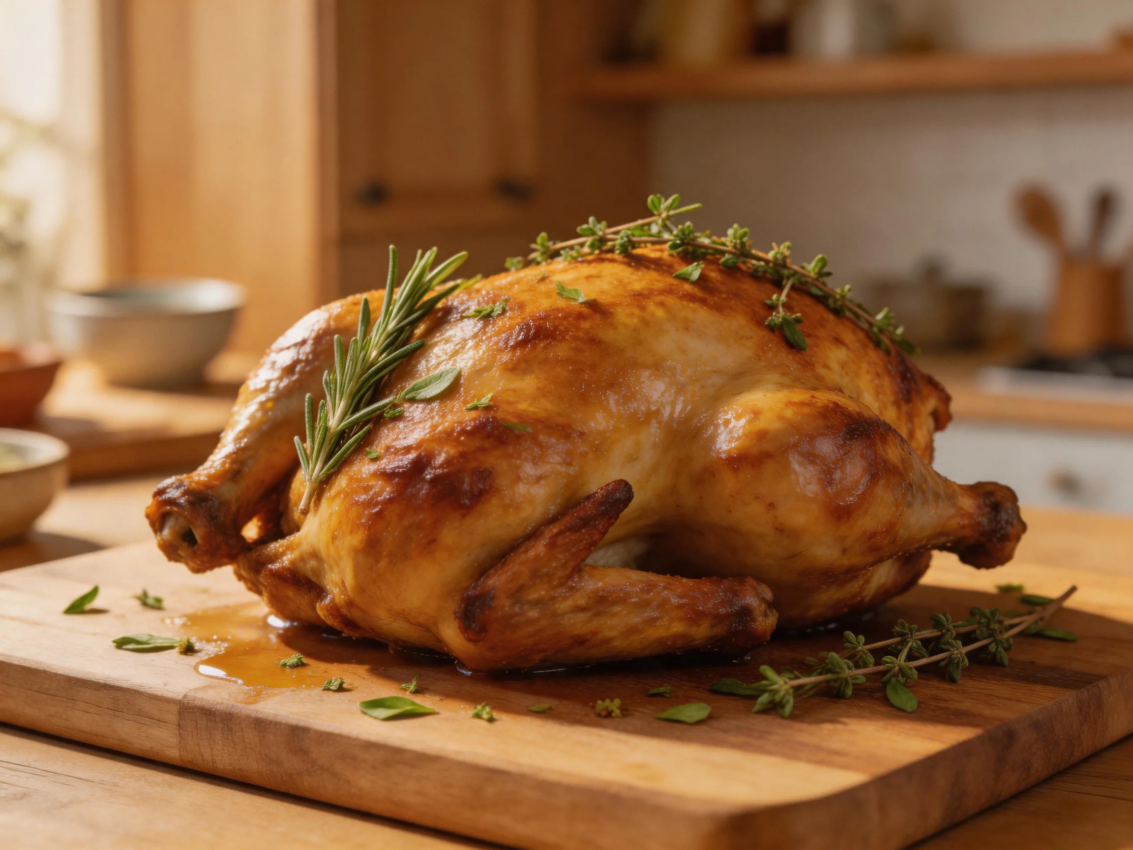 Golden-brown roasted chicken garnished with fresh herbs on a wooden cutting board
