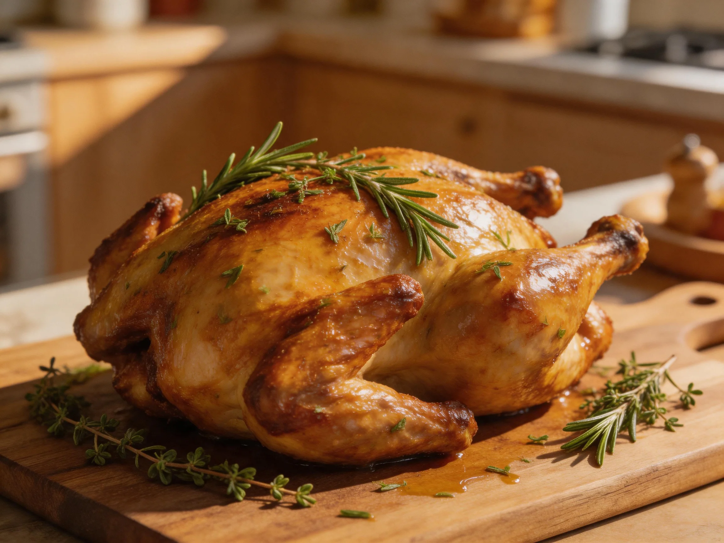 Golden-brown roasted chicken garnished with fresh herbs on a wooden cutting board