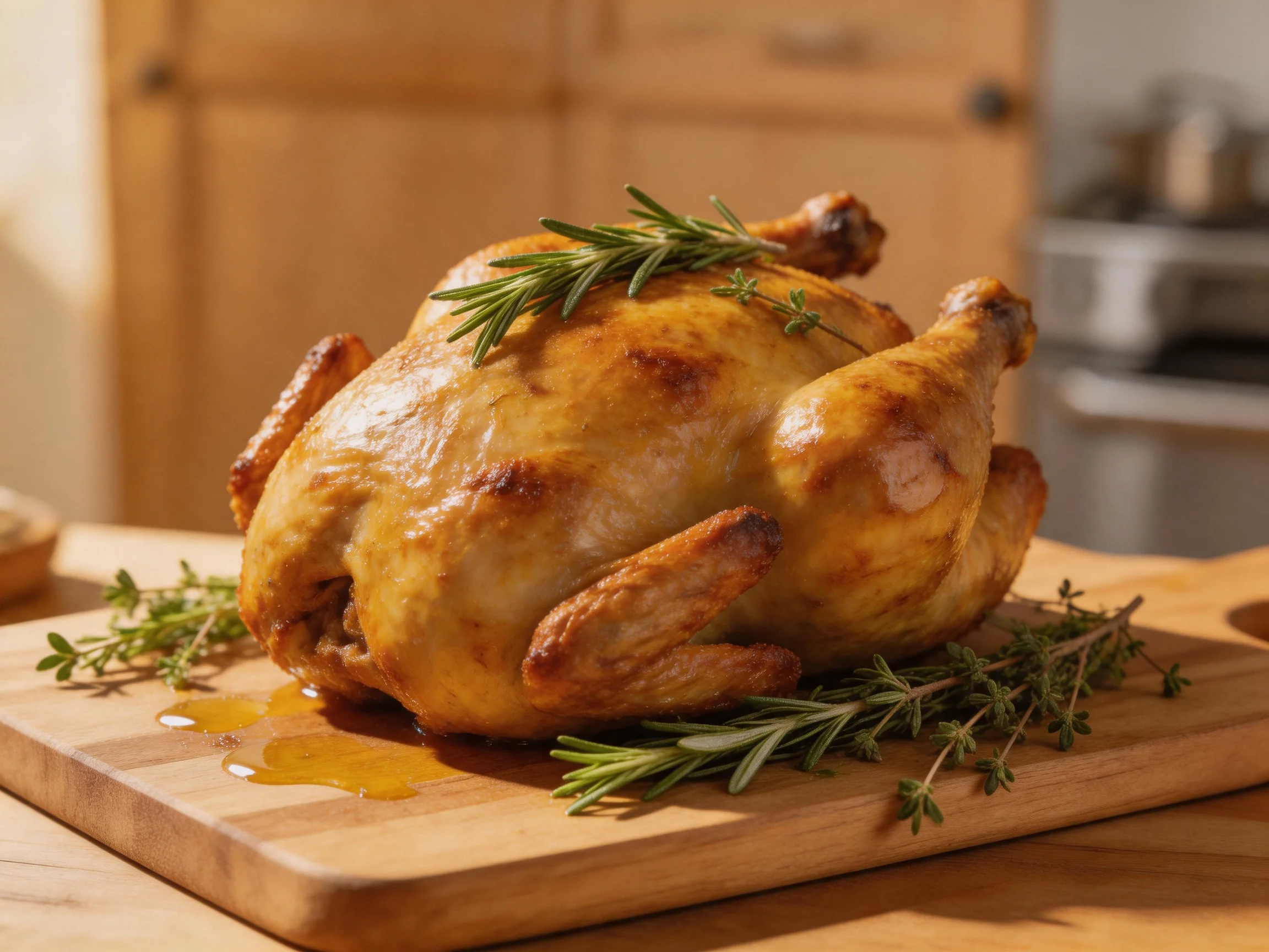 Golden-brown roasted chicken garnished with fresh herbs on a wooden cutting board