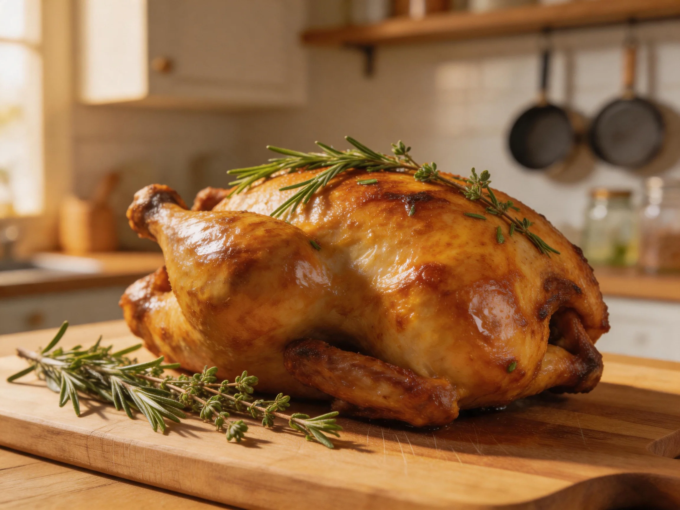 Golden-brown roasted chicken garnished with fresh herbs on a wooden cutting board