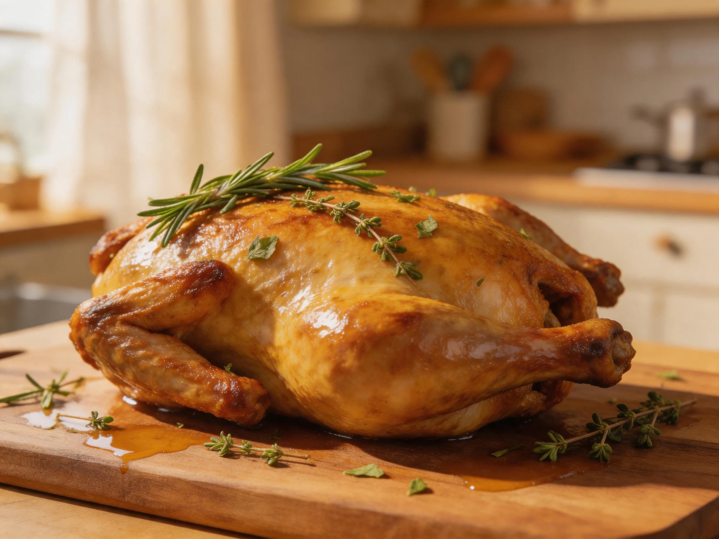 Golden-brown roasted chicken garnished with fresh herbs on a wooden cutting board