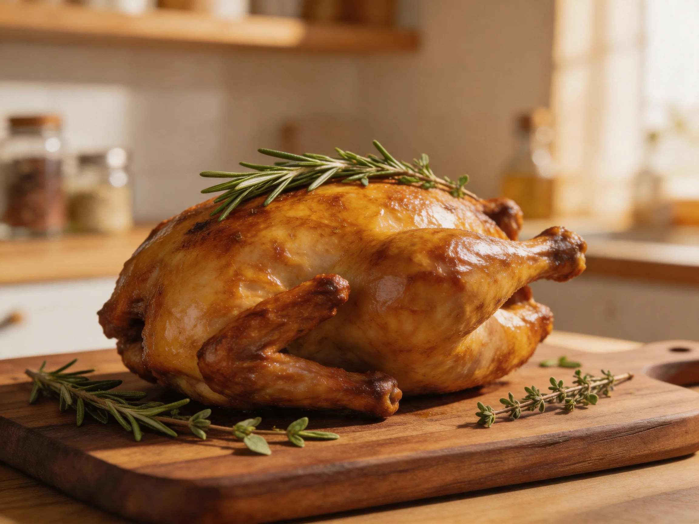 Golden-brown roasted chicken garnished with fresh herbs on a wooden cutting board