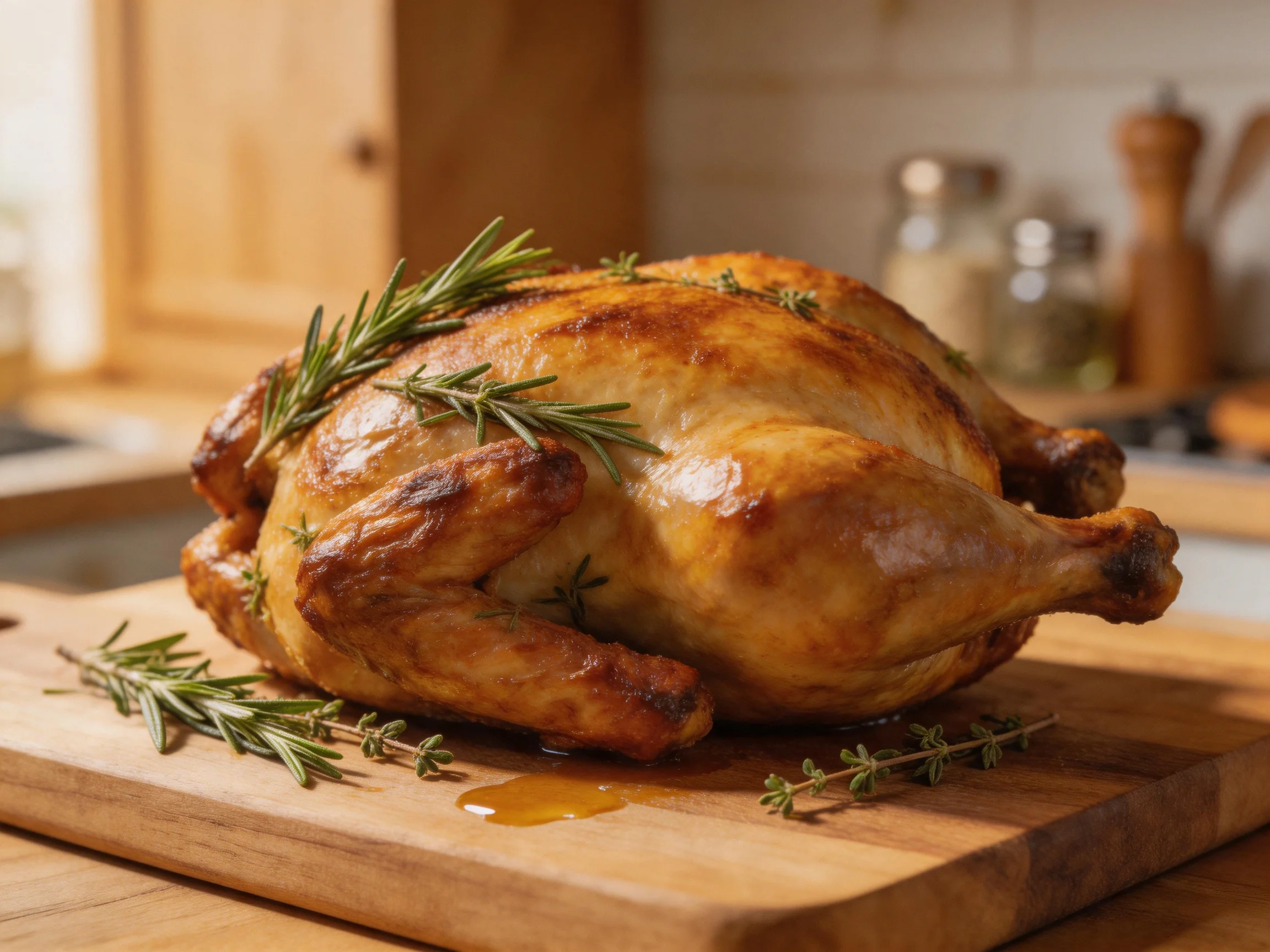A golden-brown roasted chicken adorned with herbs sits on a wooden cutting board in a kitchen.
