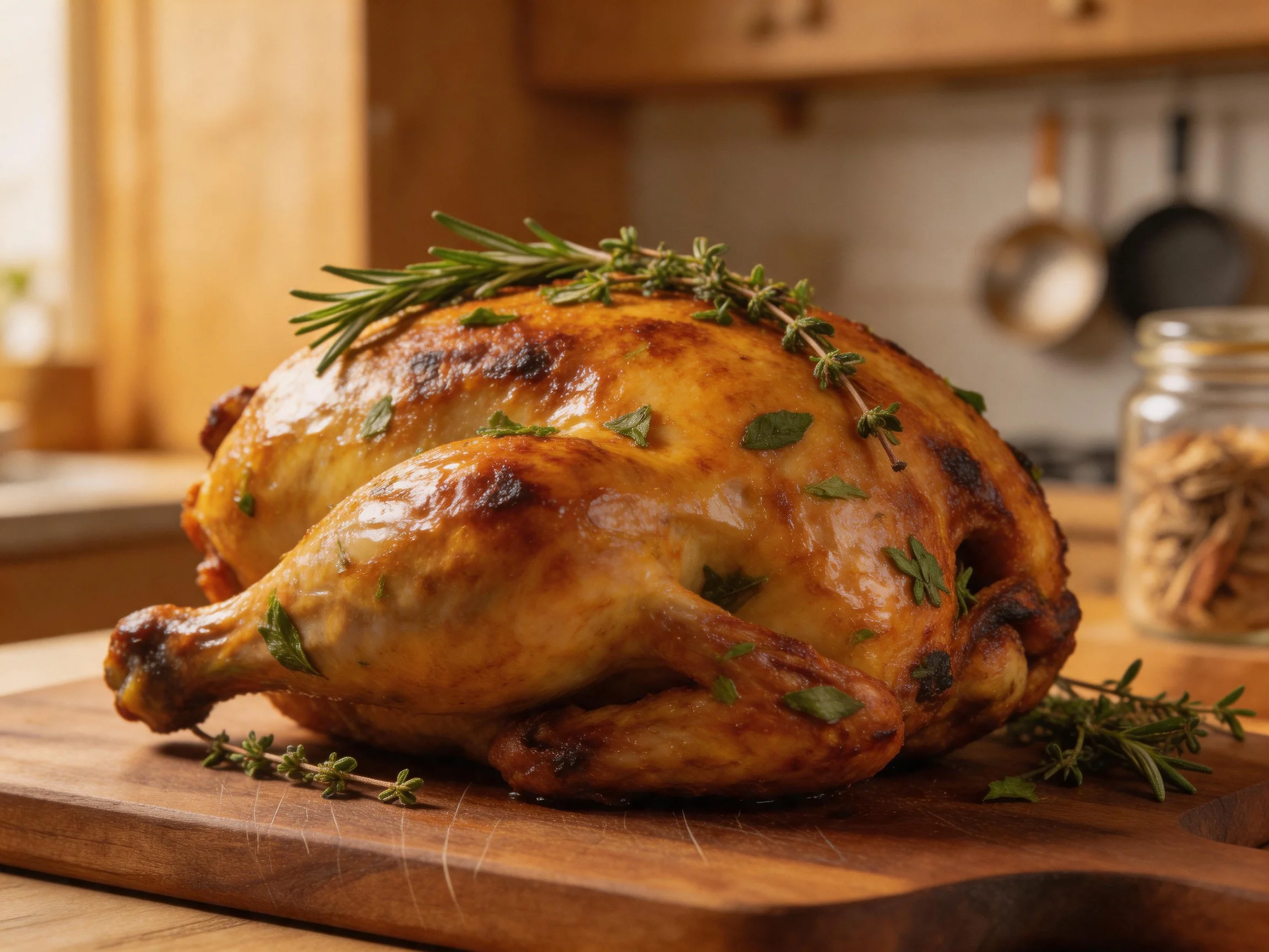 Golden-brown roasted chicken garnished with fresh herbs on a wooden cutting board