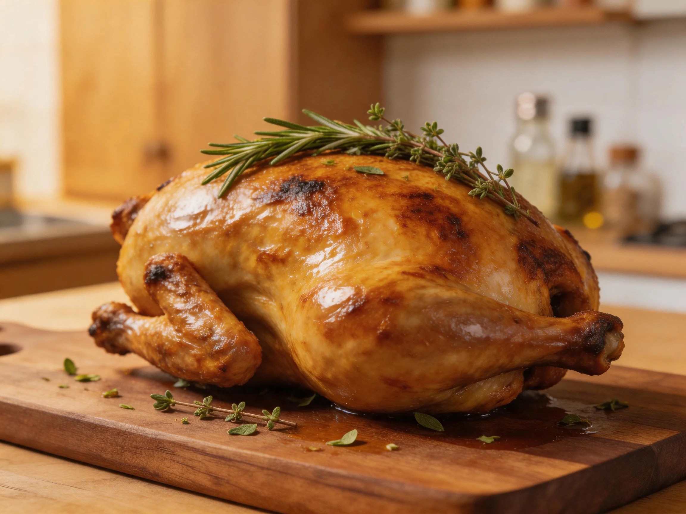 Golden-brown roasted chicken garnished with fresh herbs on a wooden cutting board