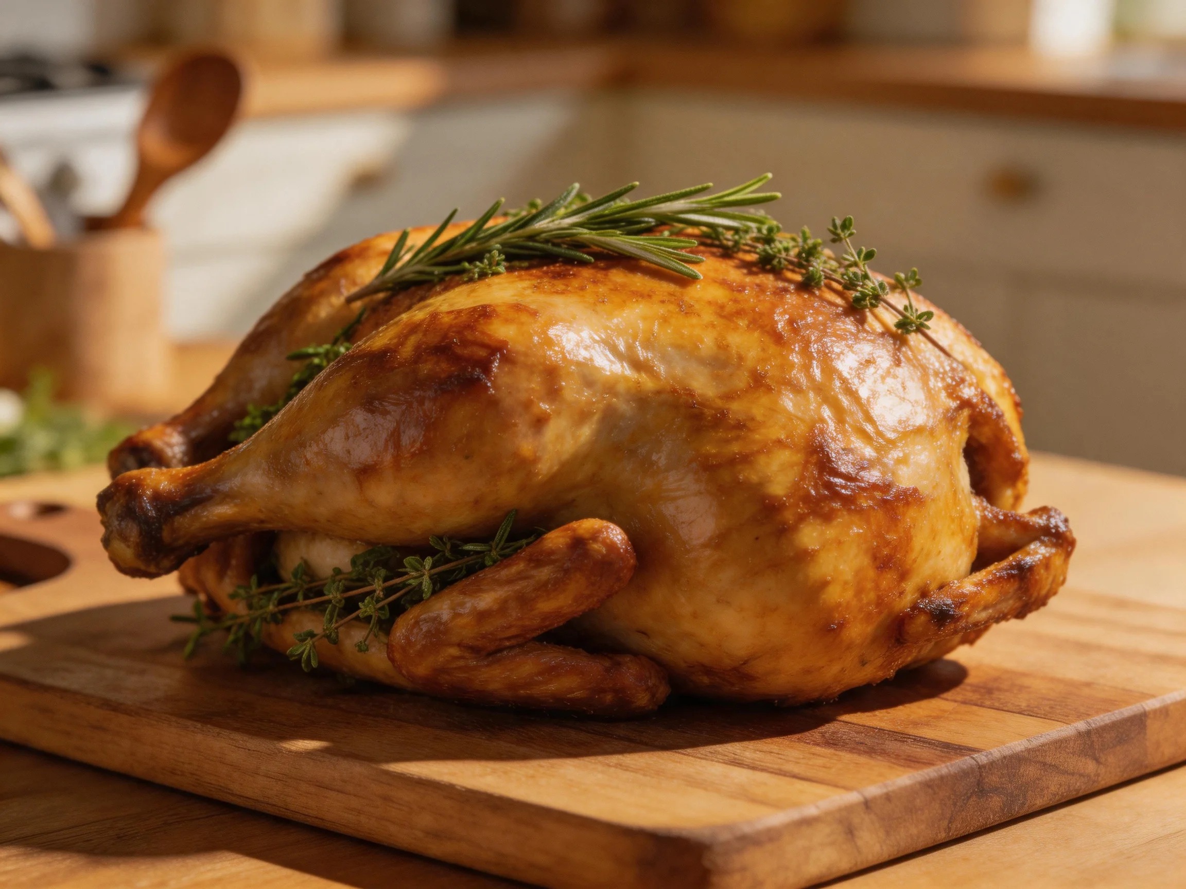 A roasted chicken adorned with herbs is presented on a wooden surface.