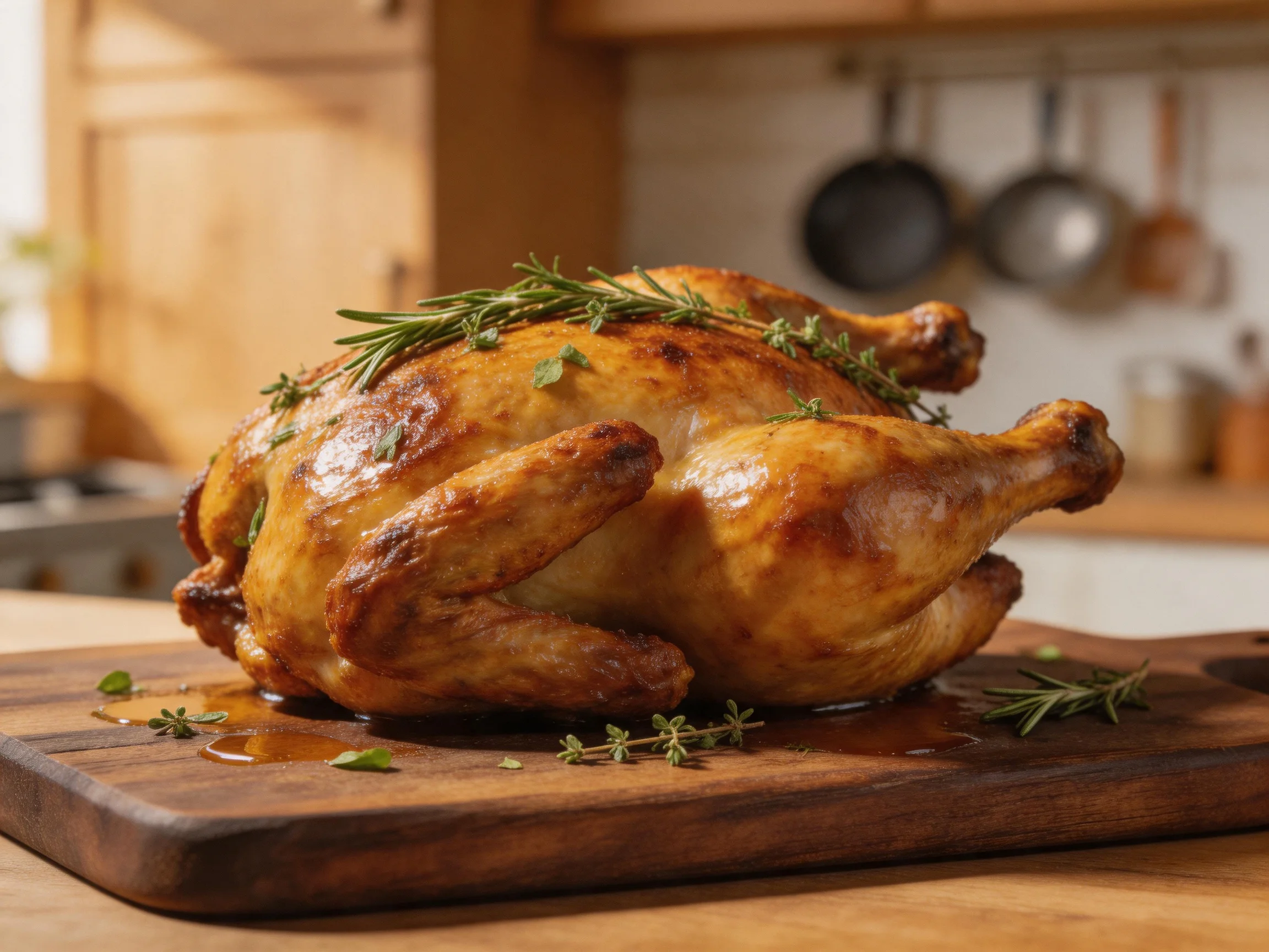 Golden-brown roasted chicken garnished with fresh herbs on a wooden cutting board