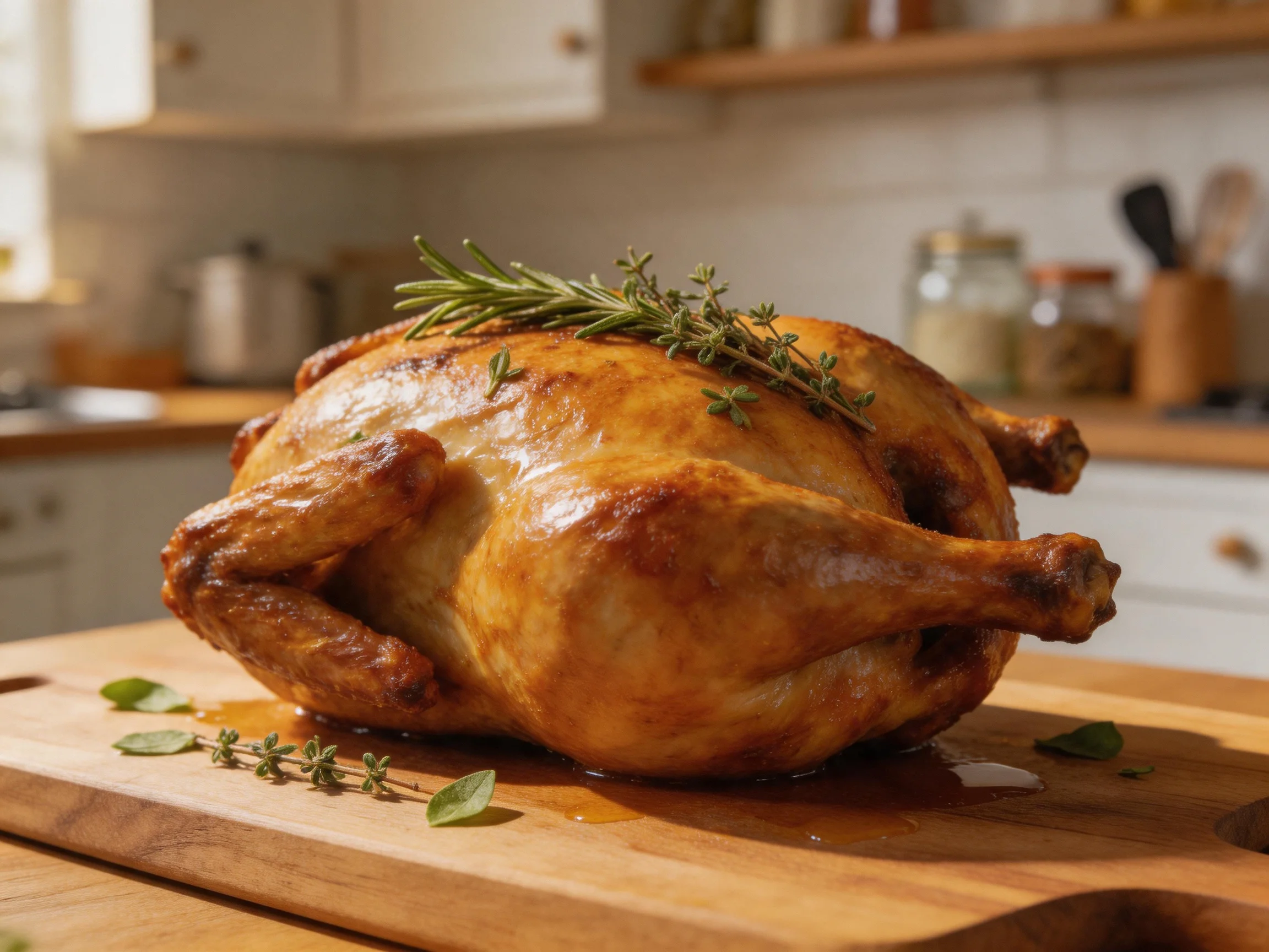 Golden-brown roasted chicken garnished with fresh herbs on a wooden cutting board