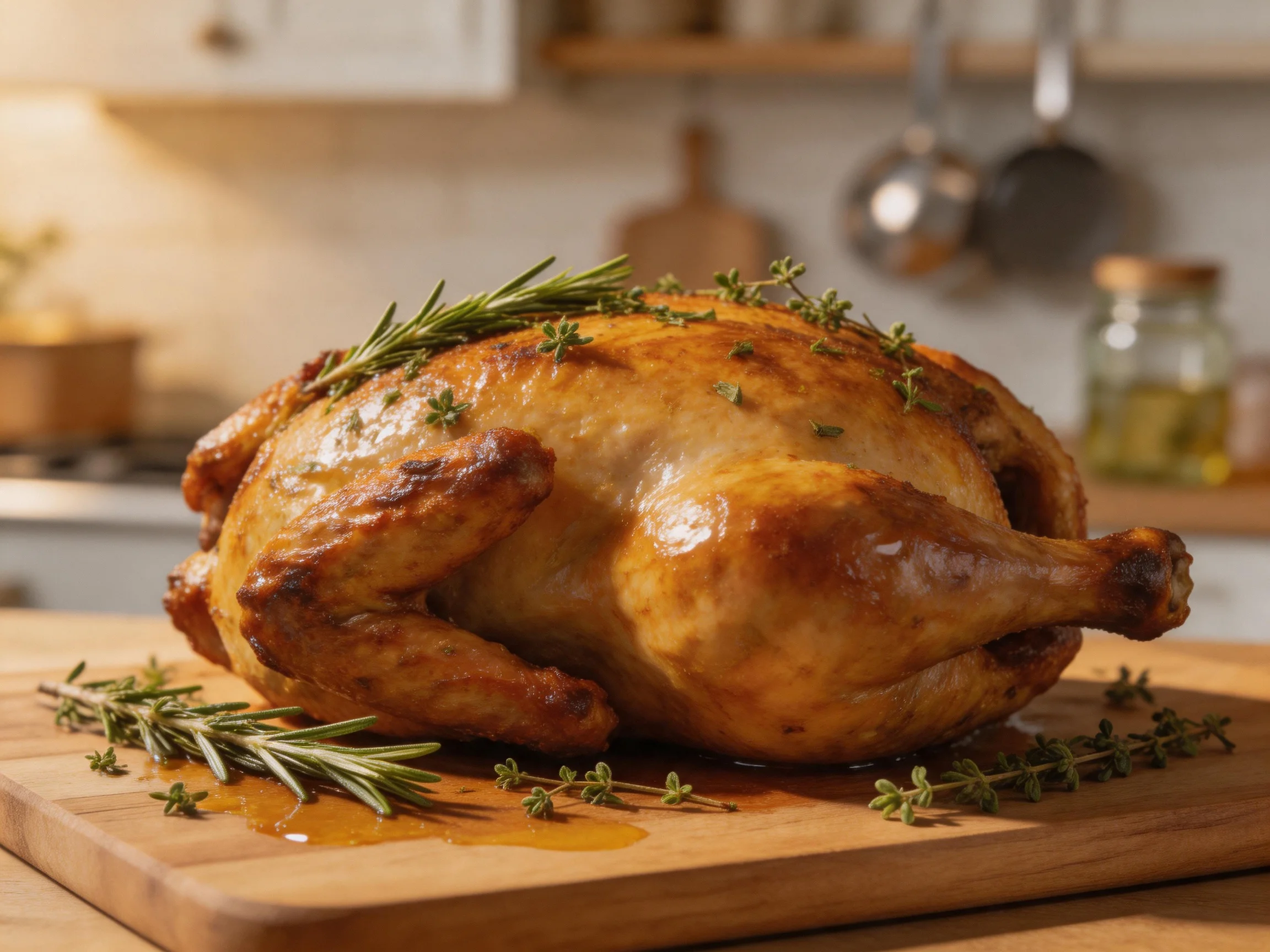 Golden-brown roasted chicken garnished with fresh herbs on a wooden cutting board