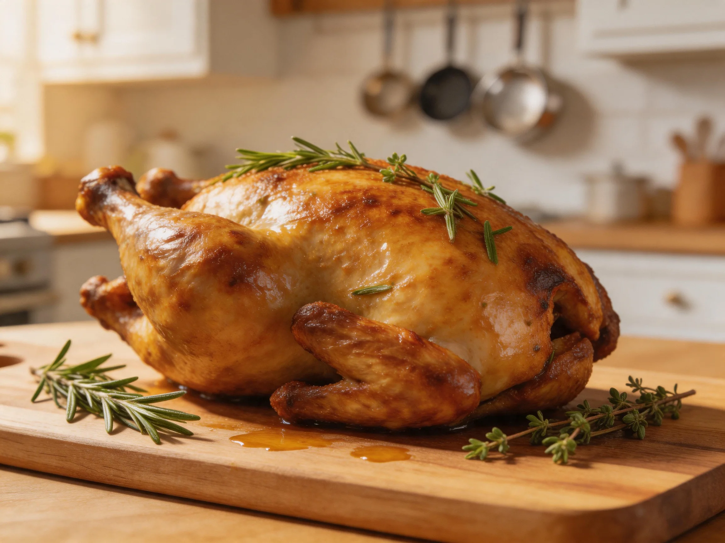 Golden-brown roasted chicken garnished with fresh herbs on a wooden cutting board