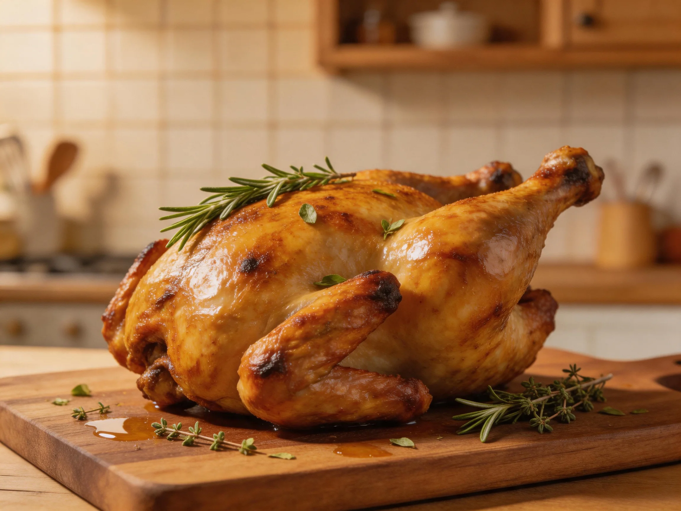 A golden-brown roasted chicken garnished with herbs rests on a wooden cutting board in a cozy kitchen.