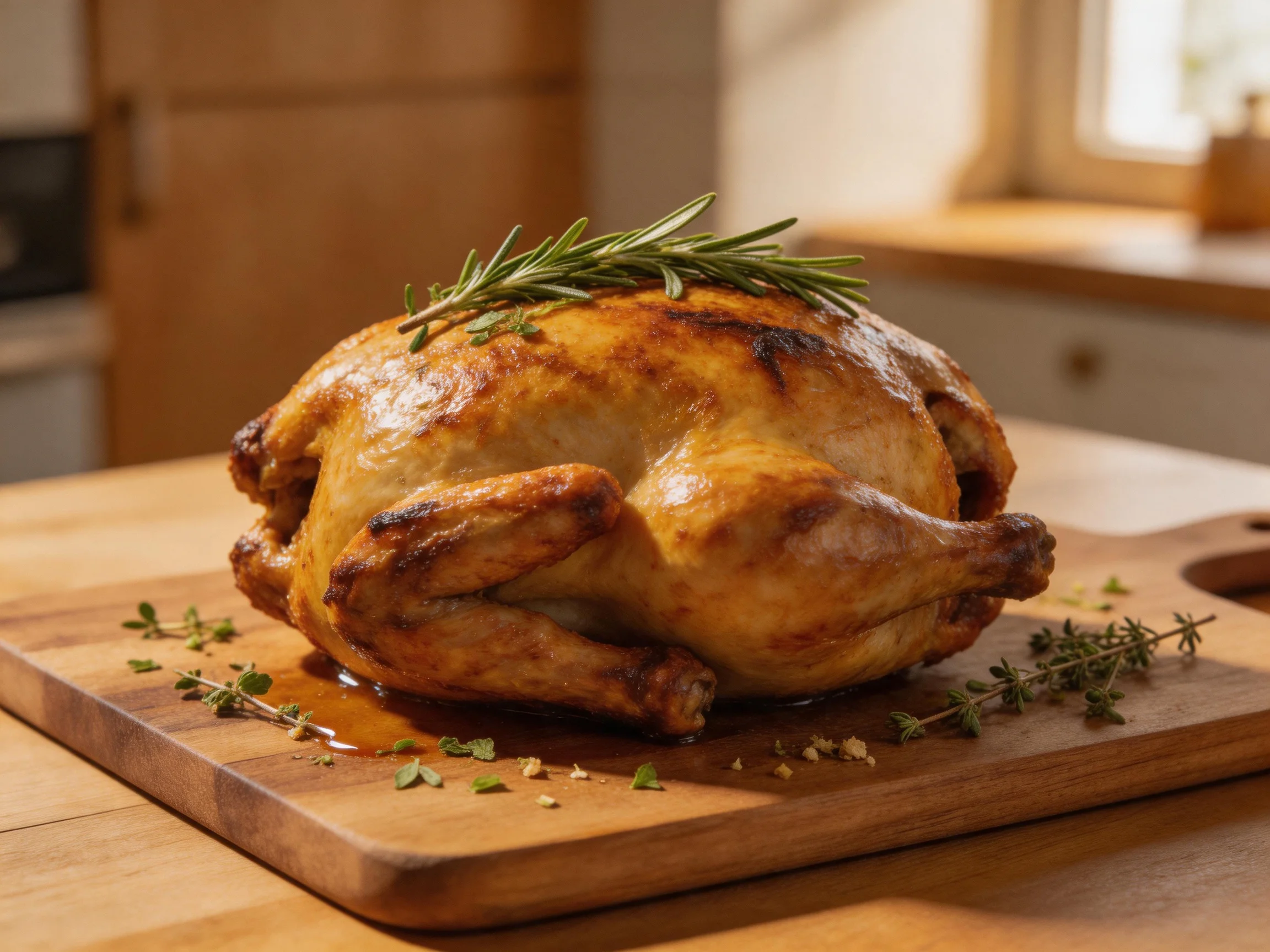 Golden-brown roasted chicken garnished with fresh herbs on a wooden cutting board
