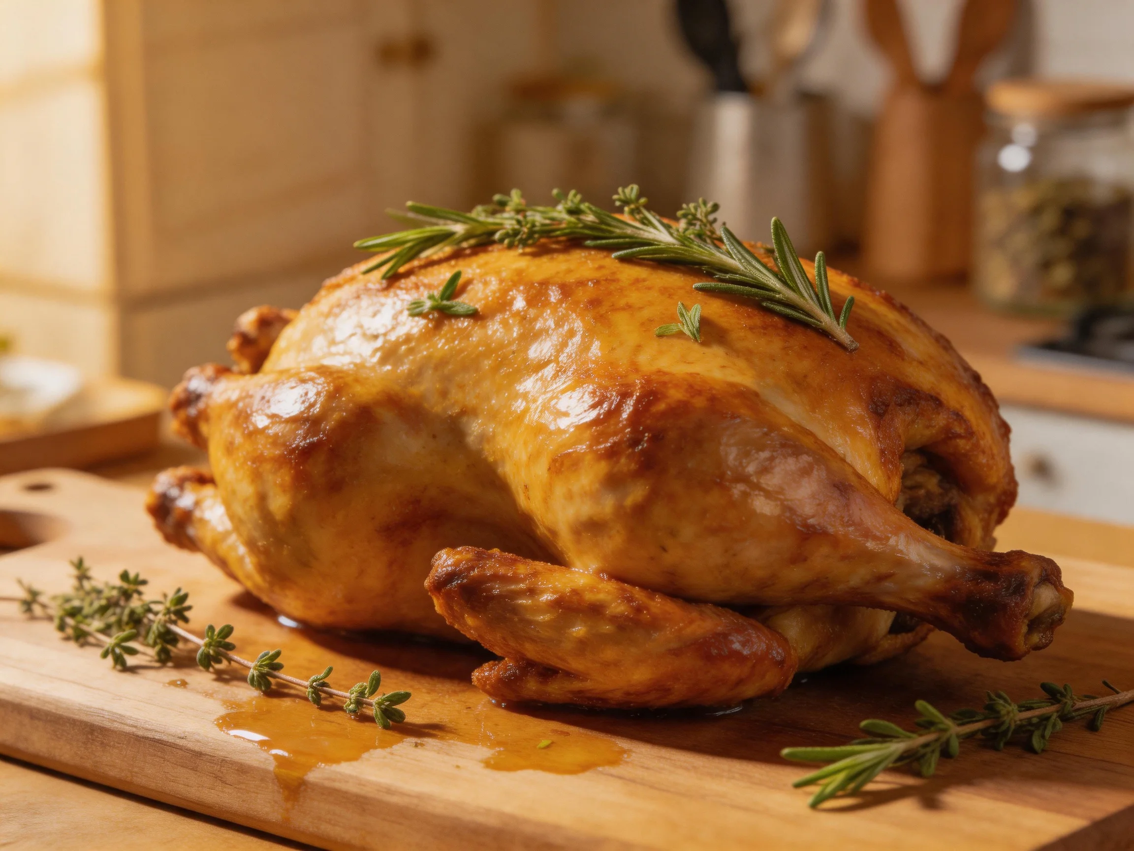 Golden-brown roasted chicken garnished with fresh herbs on a wooden cutting board