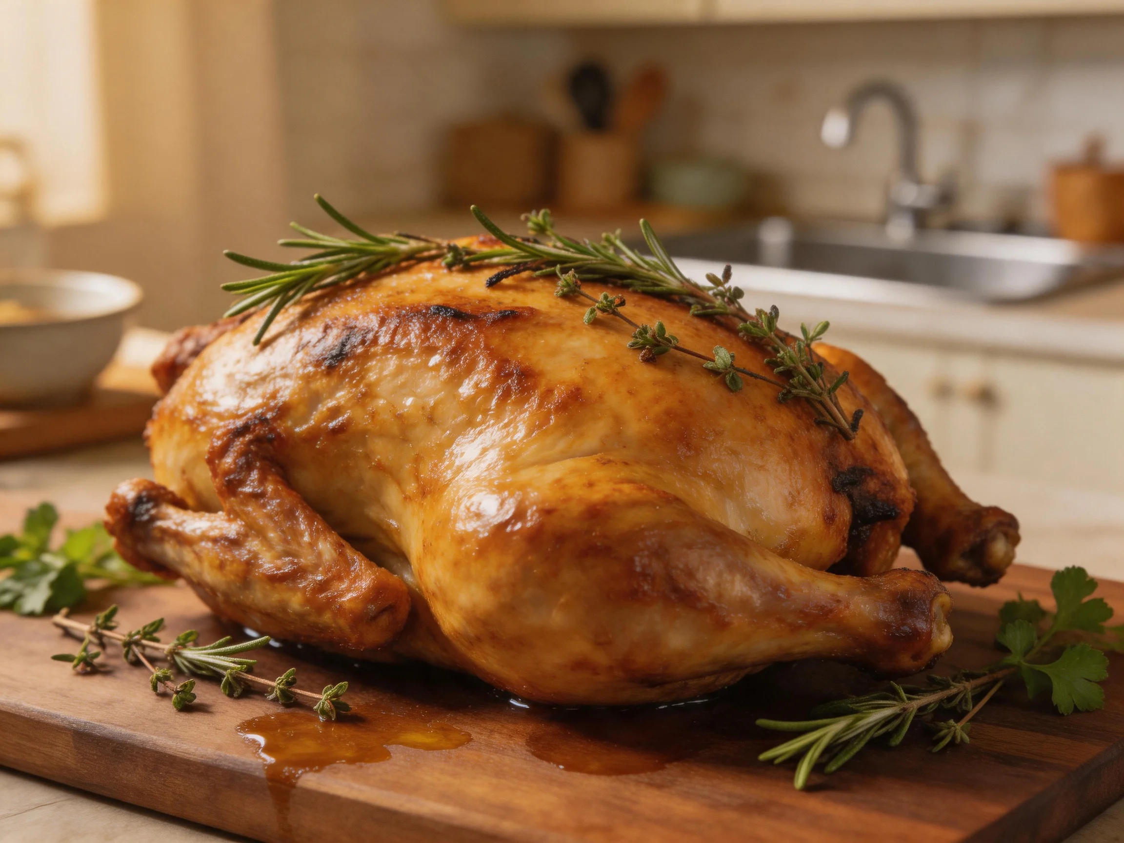 Golden-brown roasted chicken garnished with fresh herbs on a wooden cutting board