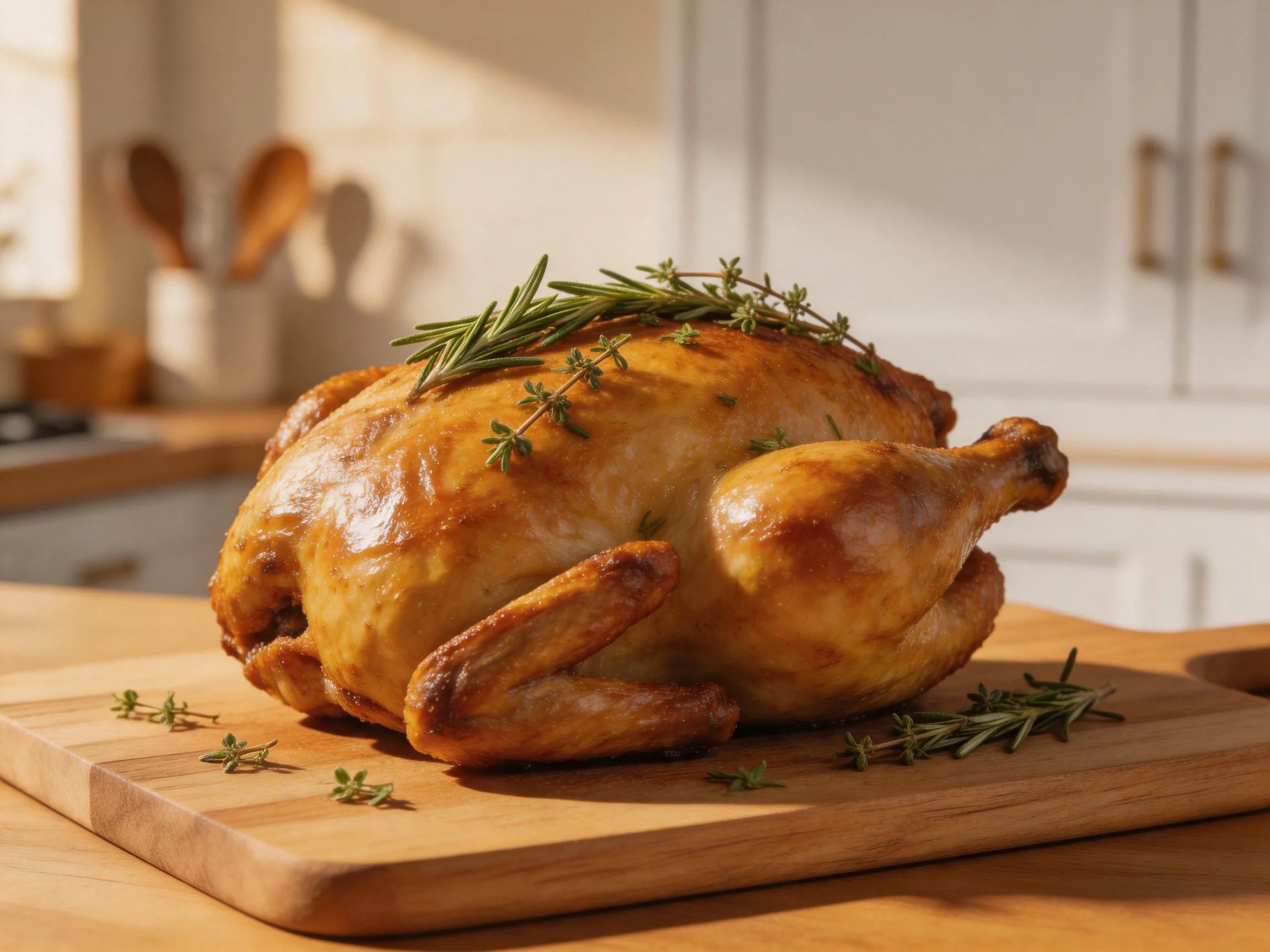 Golden-brown roasted chicken garnished with fresh herbs on a wooden cutting board