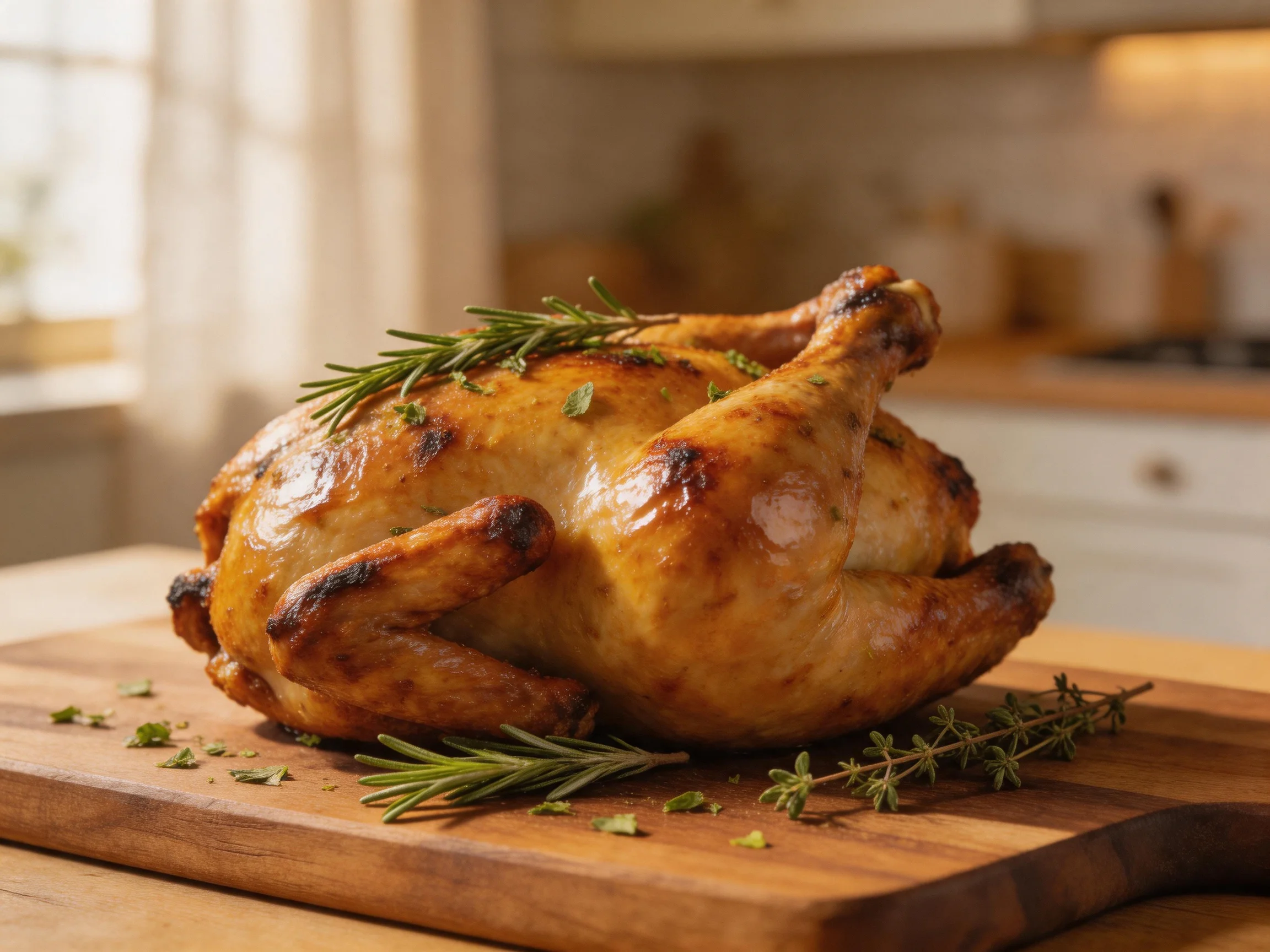 Golden-brown roasted chicken garnished with fresh herbs on a wooden cutting board