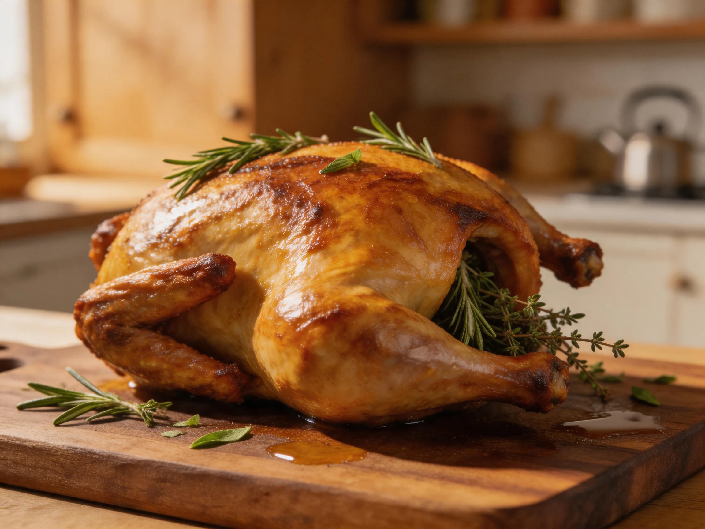 Golden-brown roasted chicken garnished with fresh herbs on a wooden cutting board