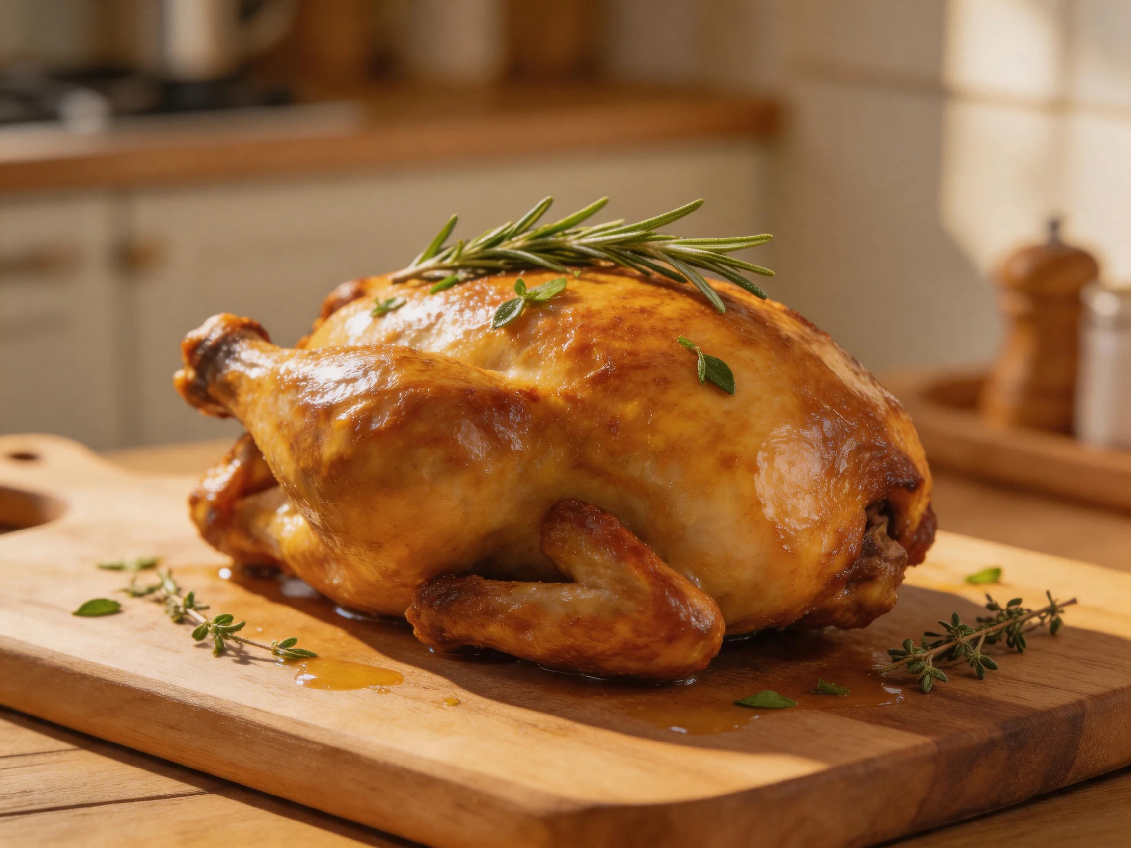Golden-brown roasted chicken garnished with fresh herbs on a wooden cutting board