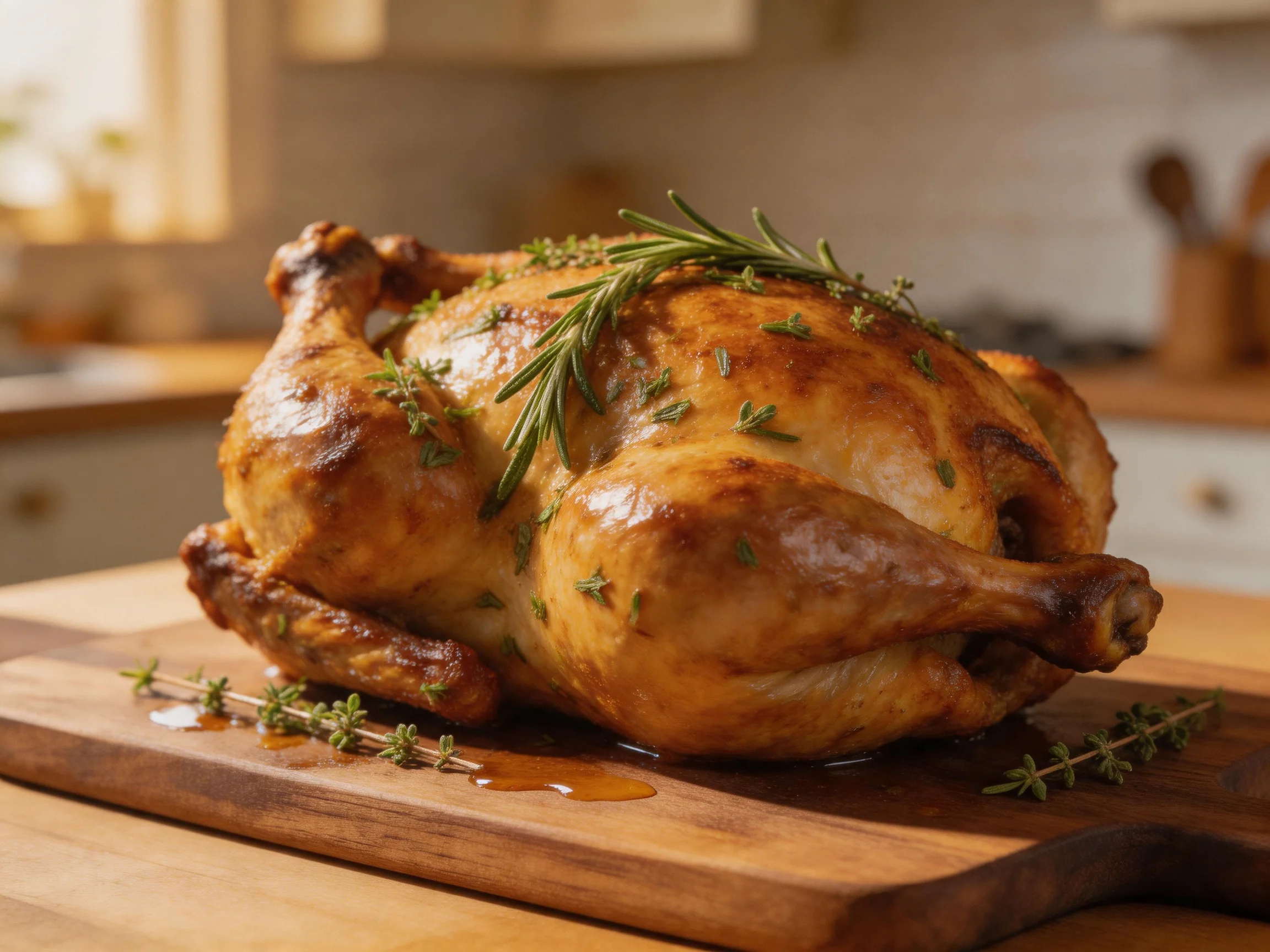 Golden-brown roasted chicken garnished with fresh herbs on a wooden cutting board