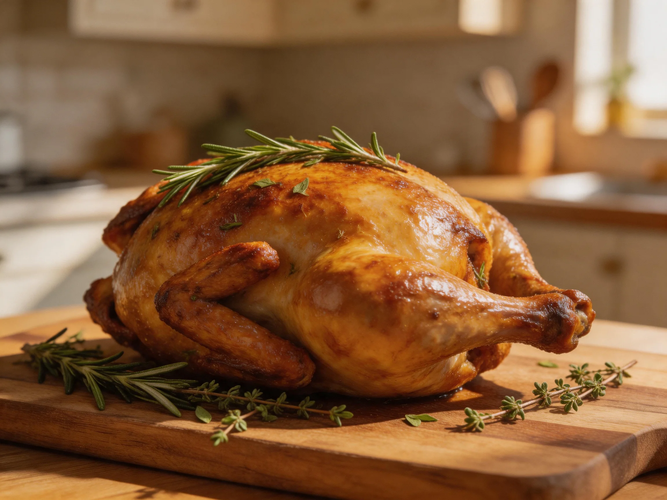Golden-brown roasted chicken garnished with fresh herbs on a wooden cutting board
