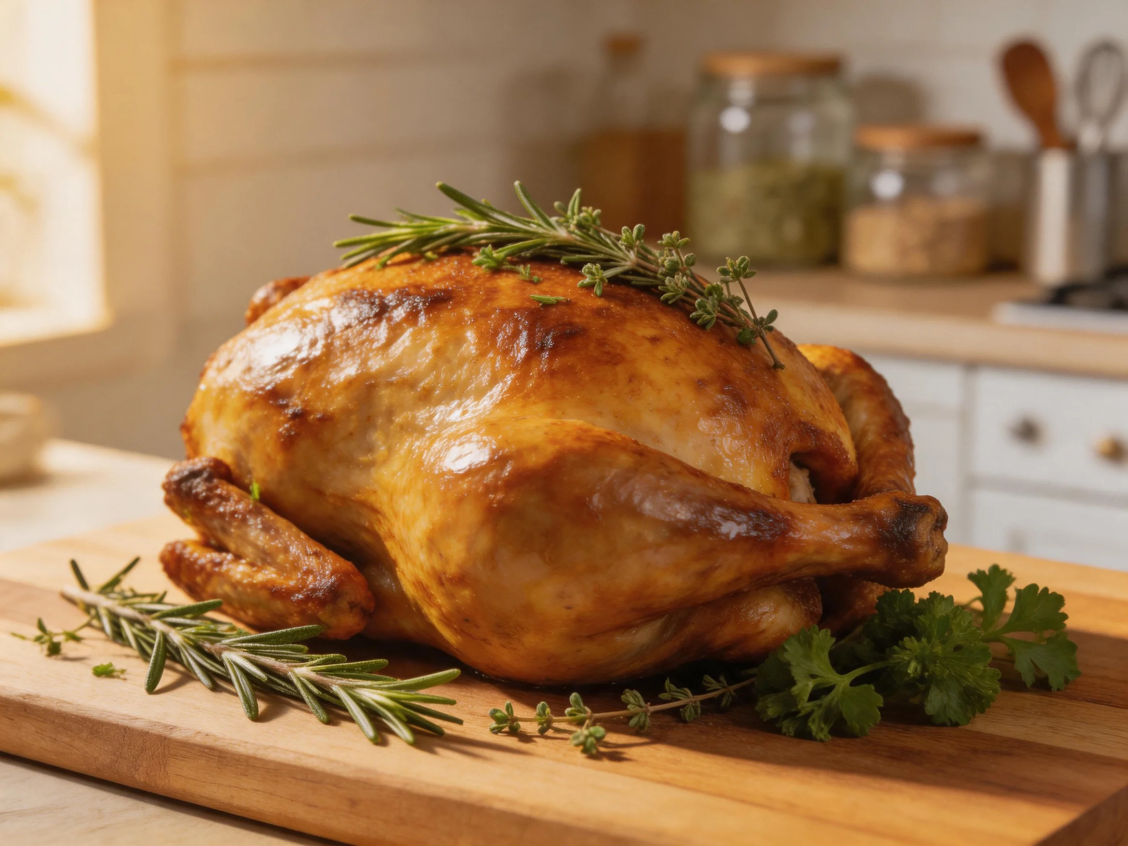 Golden-brown roasted chicken garnished with fresh herbs on a wooden cutting board