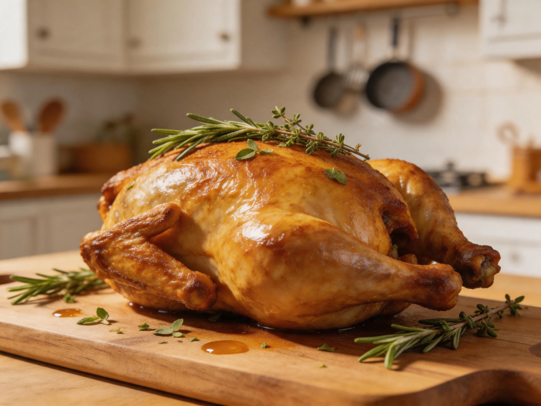 Golden-brown roasted chicken garnished with fresh herbs on a wooden cutting board