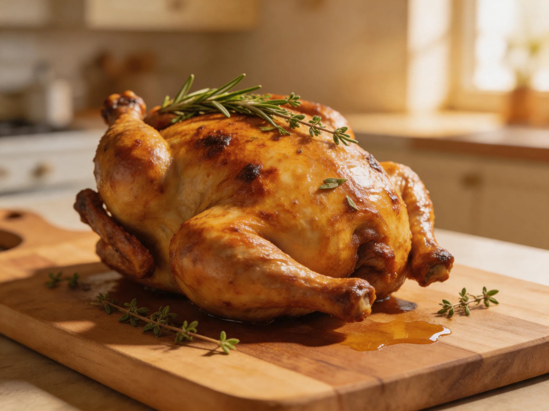 Golden-brown roasted chicken garnished with fresh herbs on a wooden cutting board