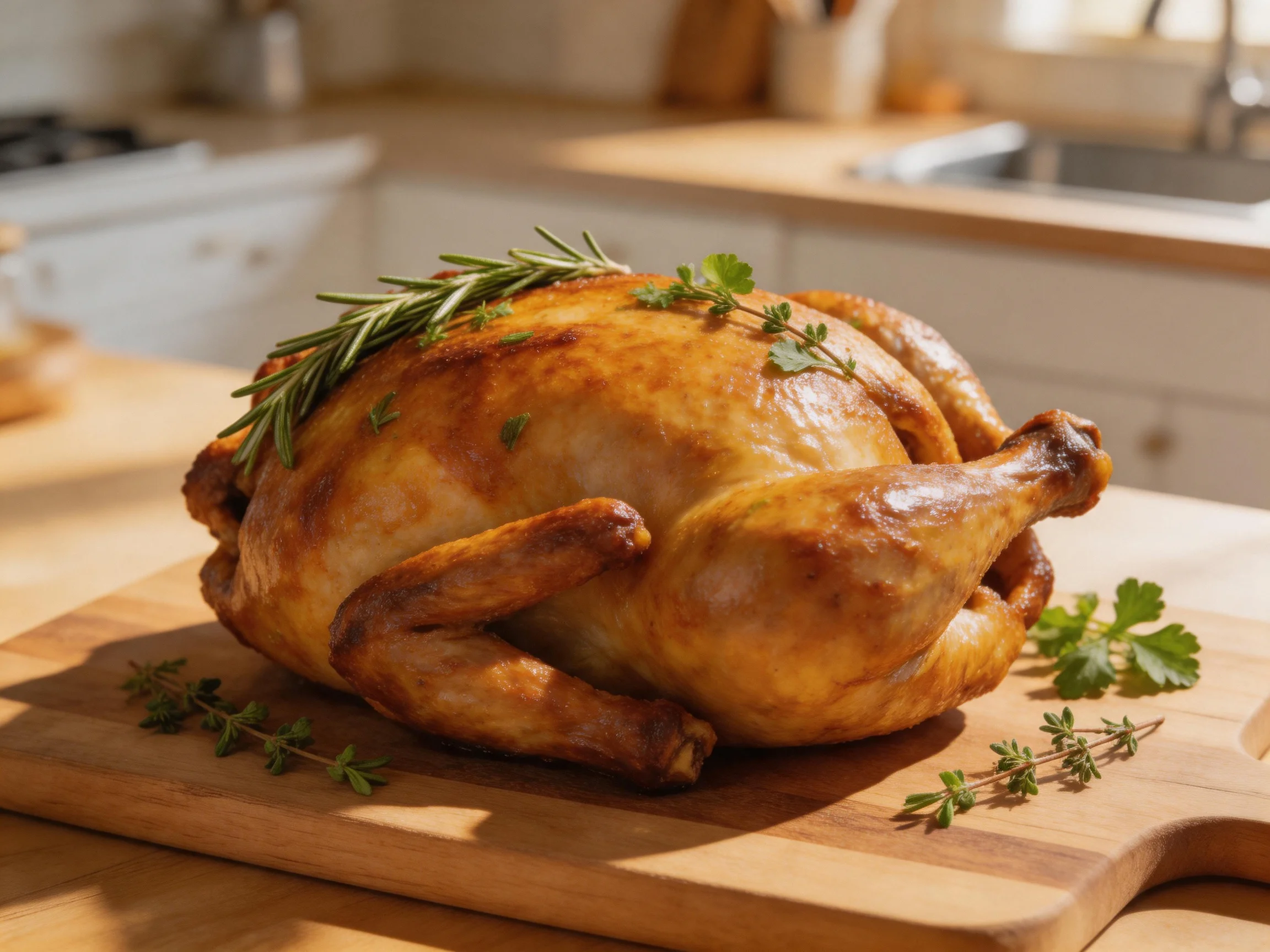 Golden-brown roasted chicken garnished with fresh herbs on a wooden cutting board