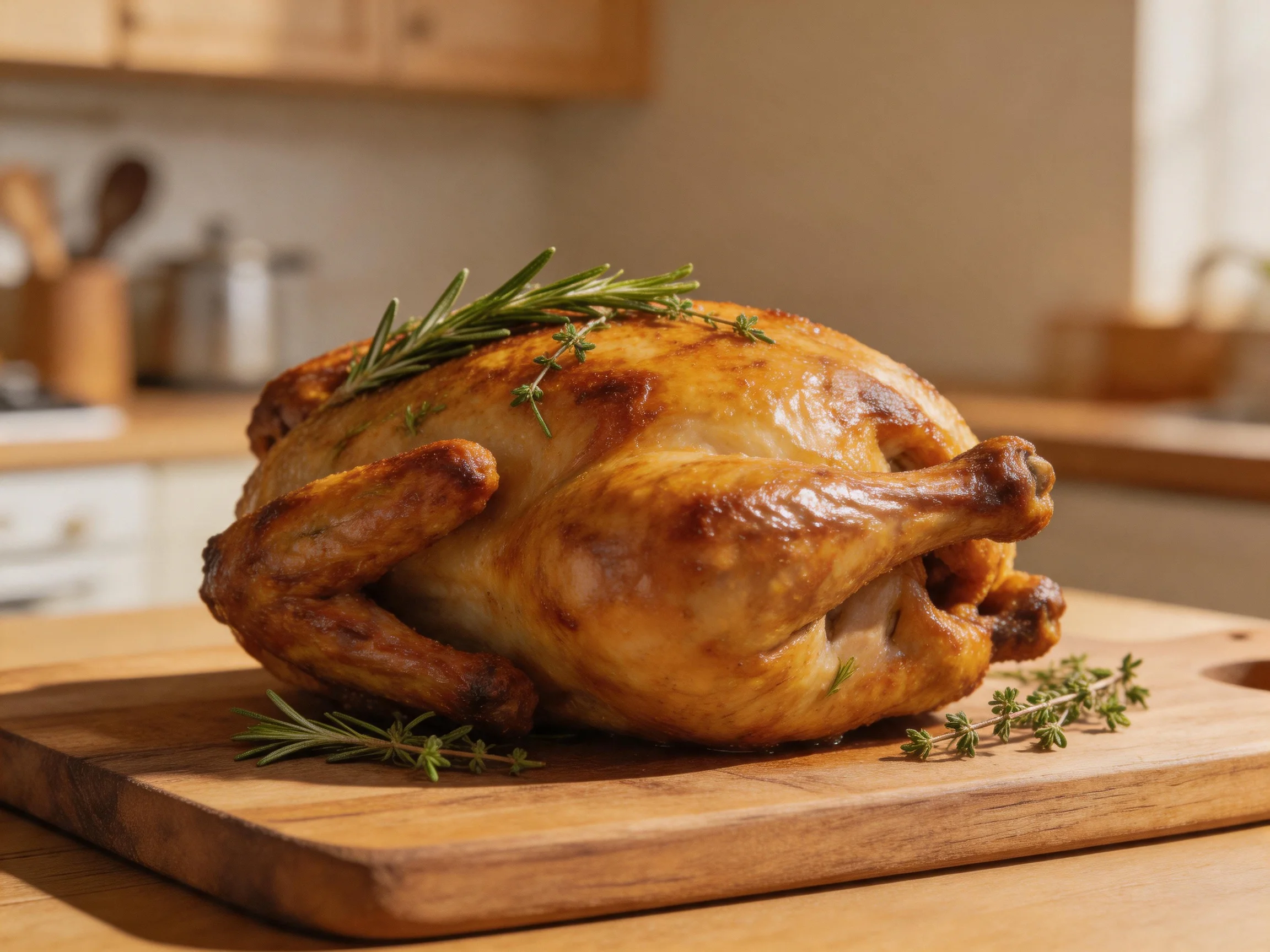 A golden-brown roasted chicken garnished with herbs sits on a wooden cutting board in a cozy kitchen.