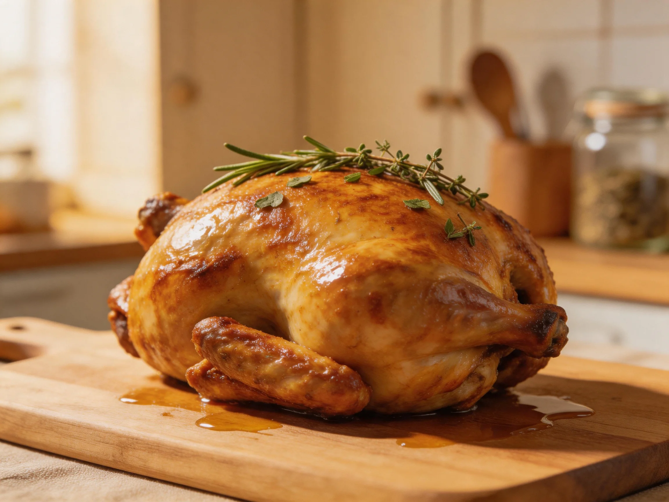 Golden-brown roasted chicken garnished with fresh herbs on a wooden cutting board