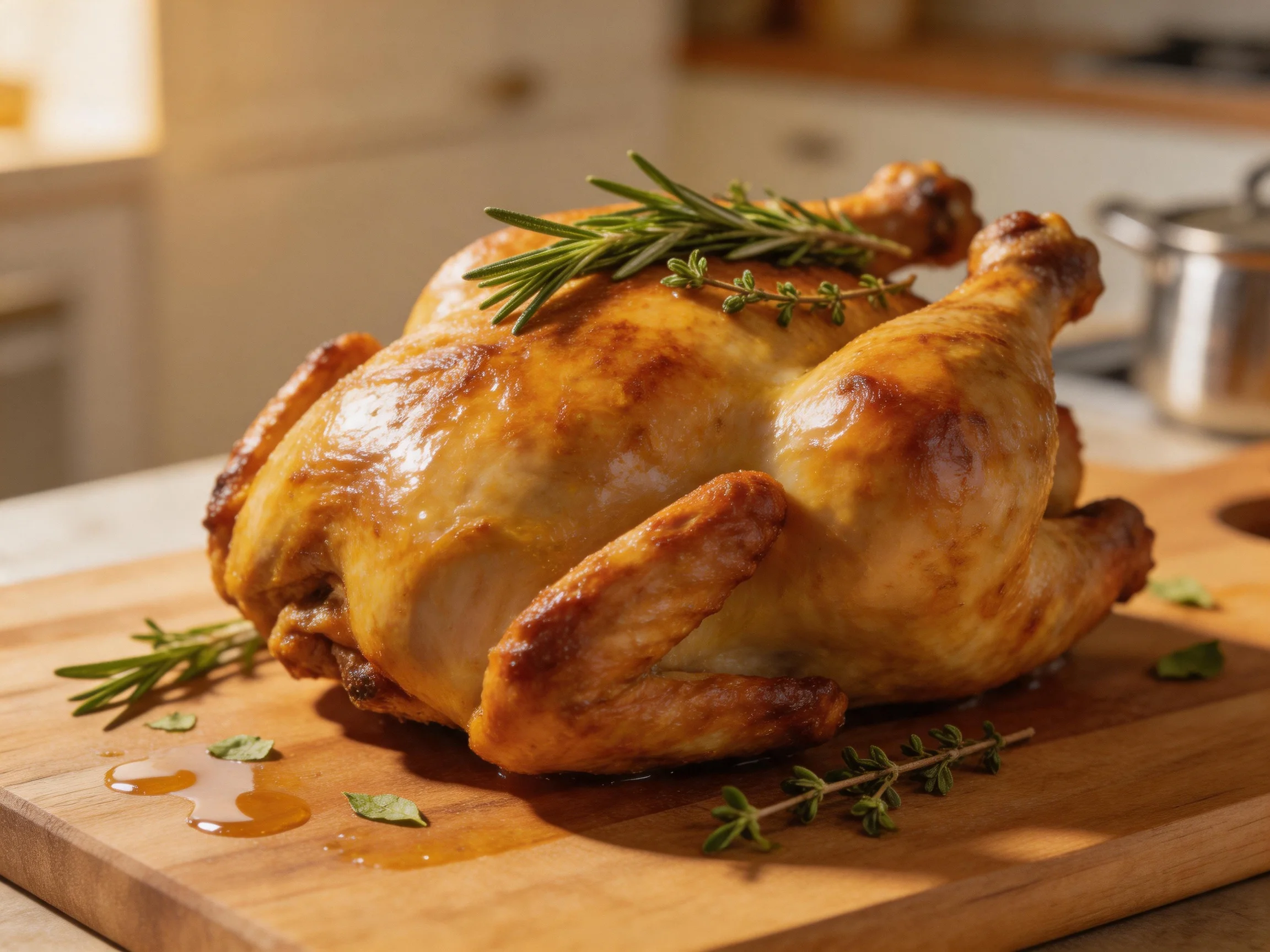Golden-brown roasted chicken garnished with fresh herbs on a wooden cutting board