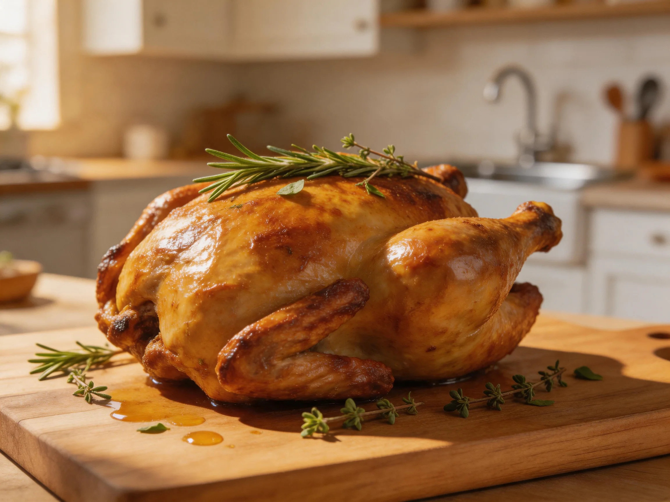 Golden-brown roasted chicken garnished with fresh herbs on a wooden cutting board