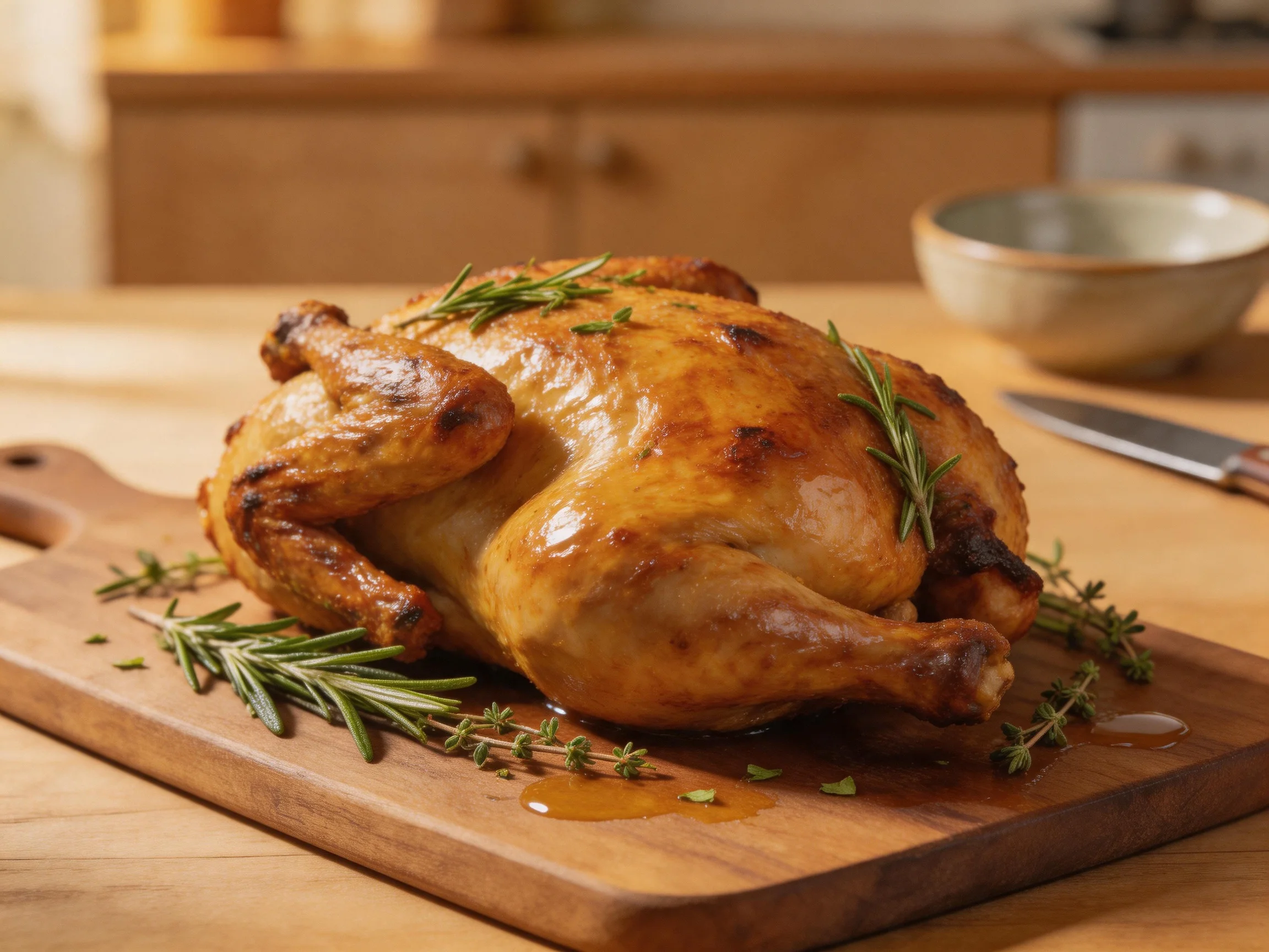 Golden-brown roasted chicken garnished with fresh herbs on a wooden cutting board