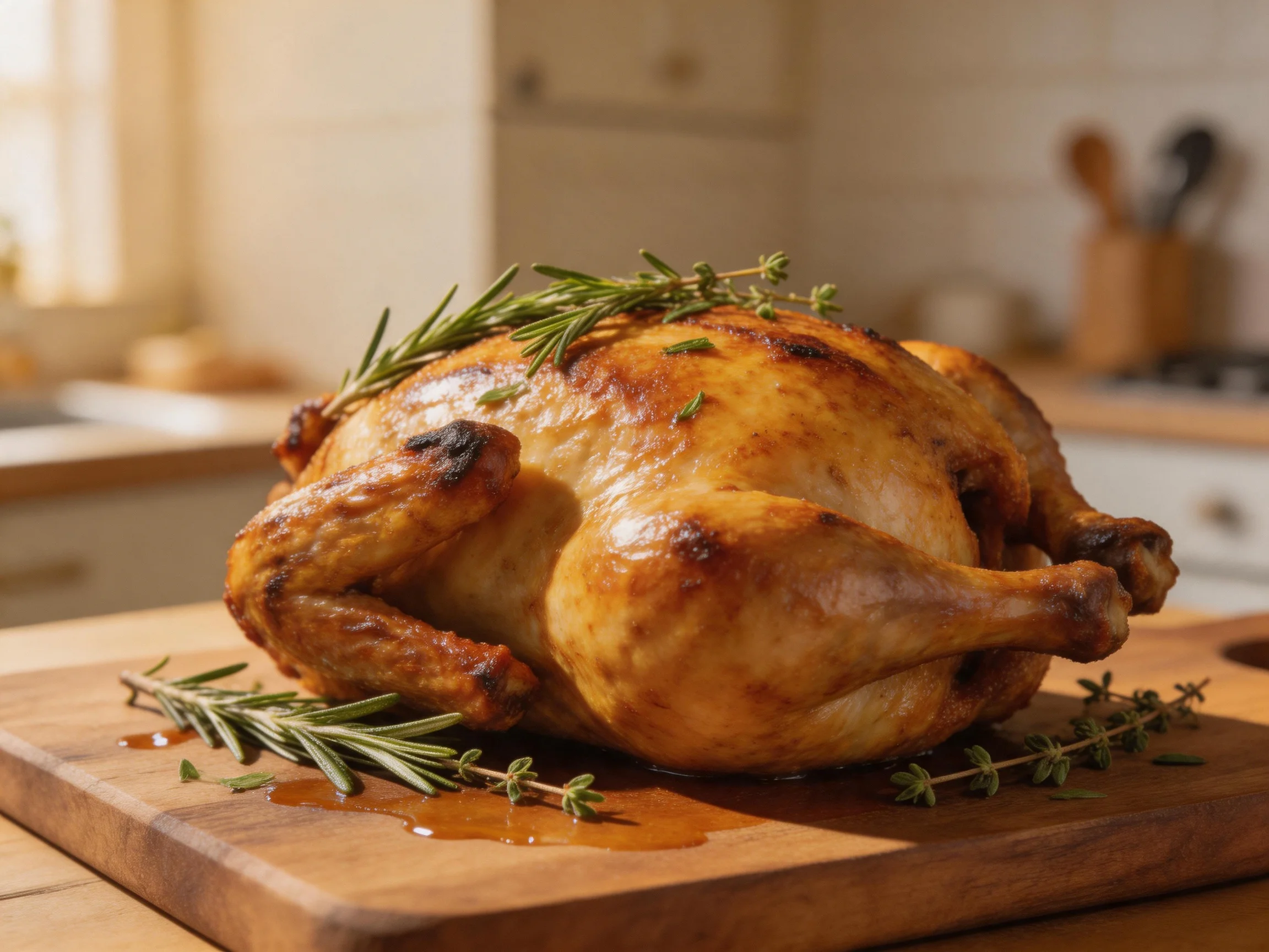 Golden-brown roasted chicken garnished with fresh herbs on a wooden cutting board