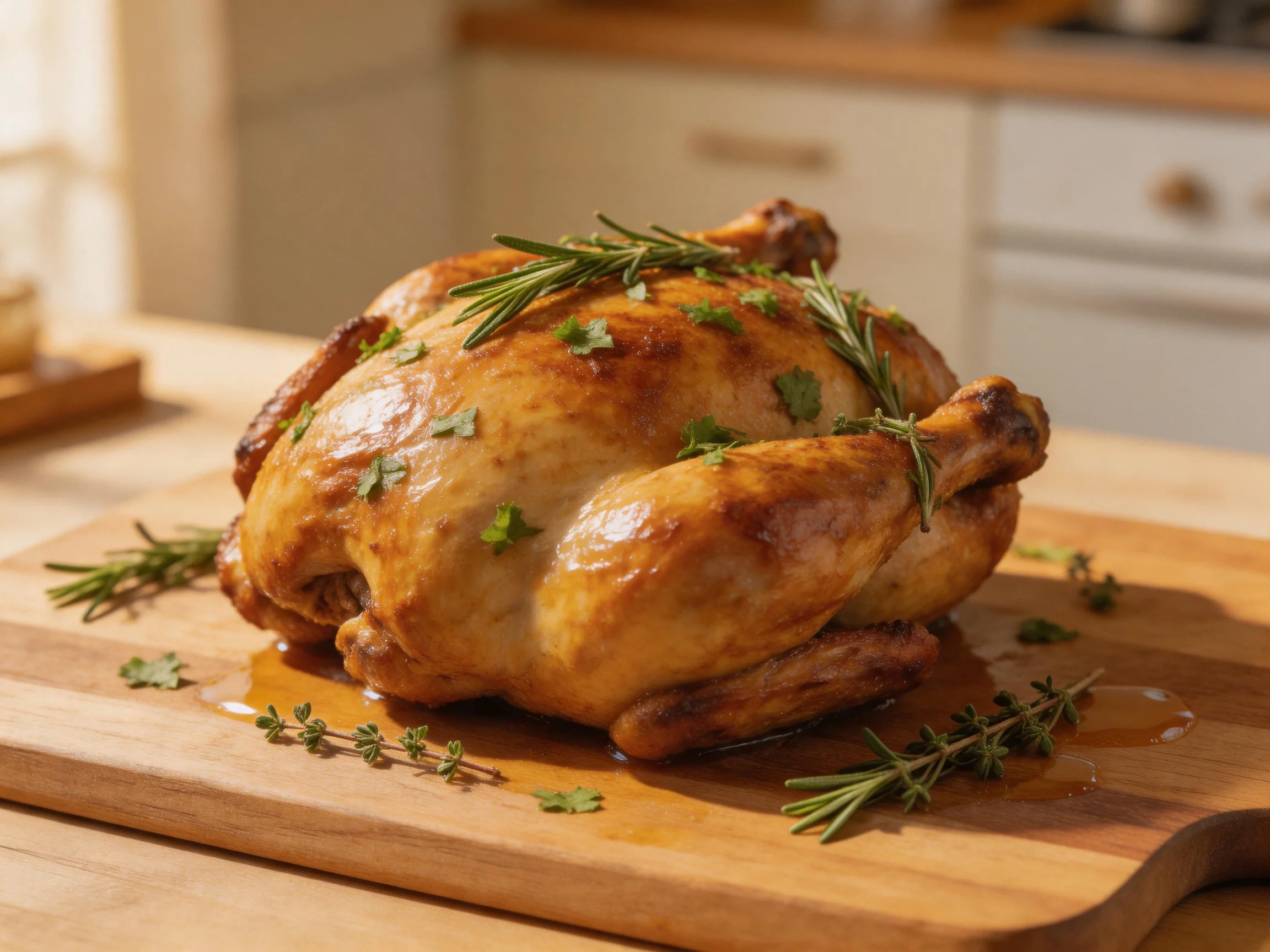 Golden-brown roasted chicken garnished with fresh herbs on a wooden cutting board
