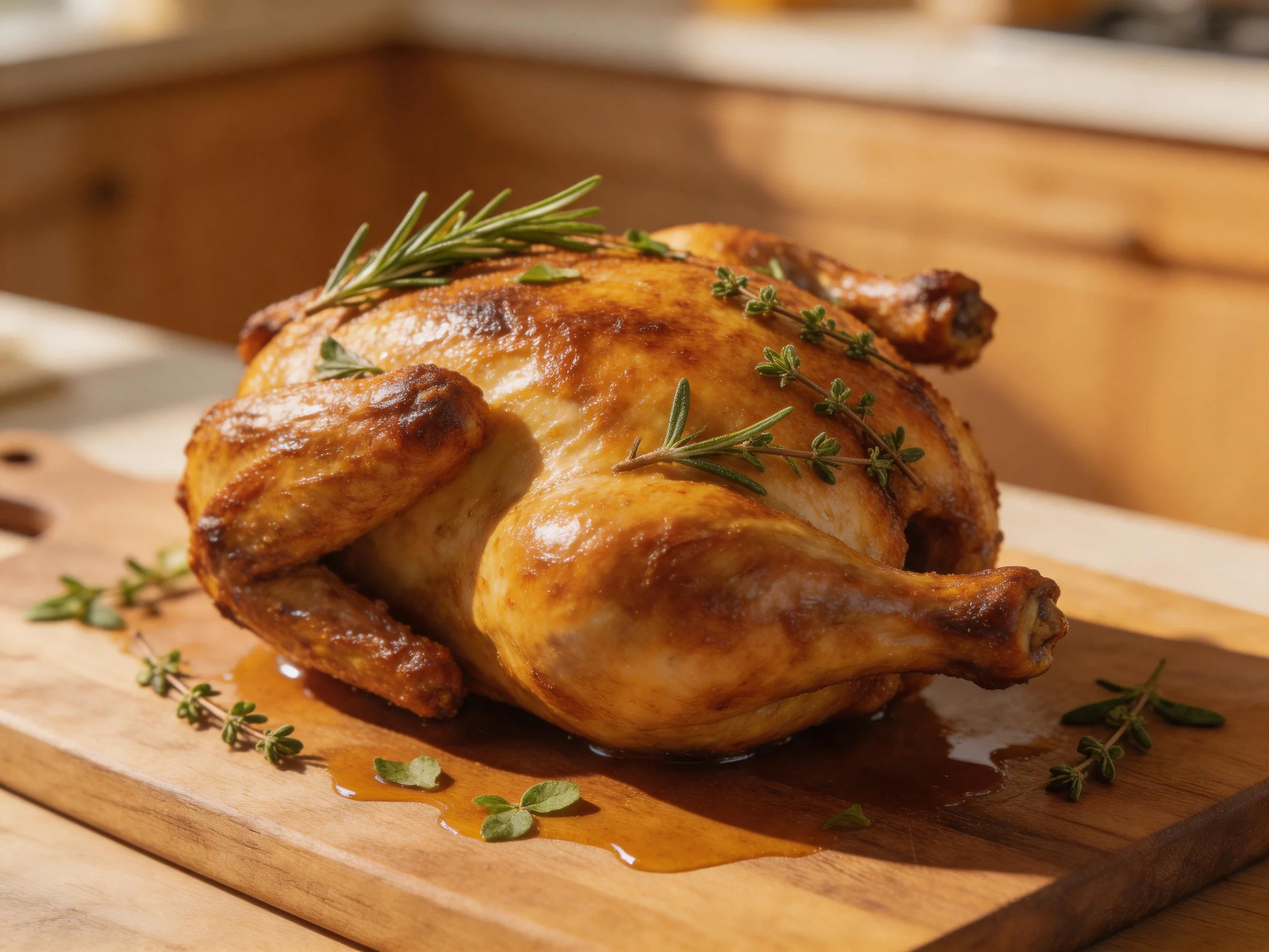 Golden-brown roasted chicken garnished with fresh herbs on a wooden cutting board