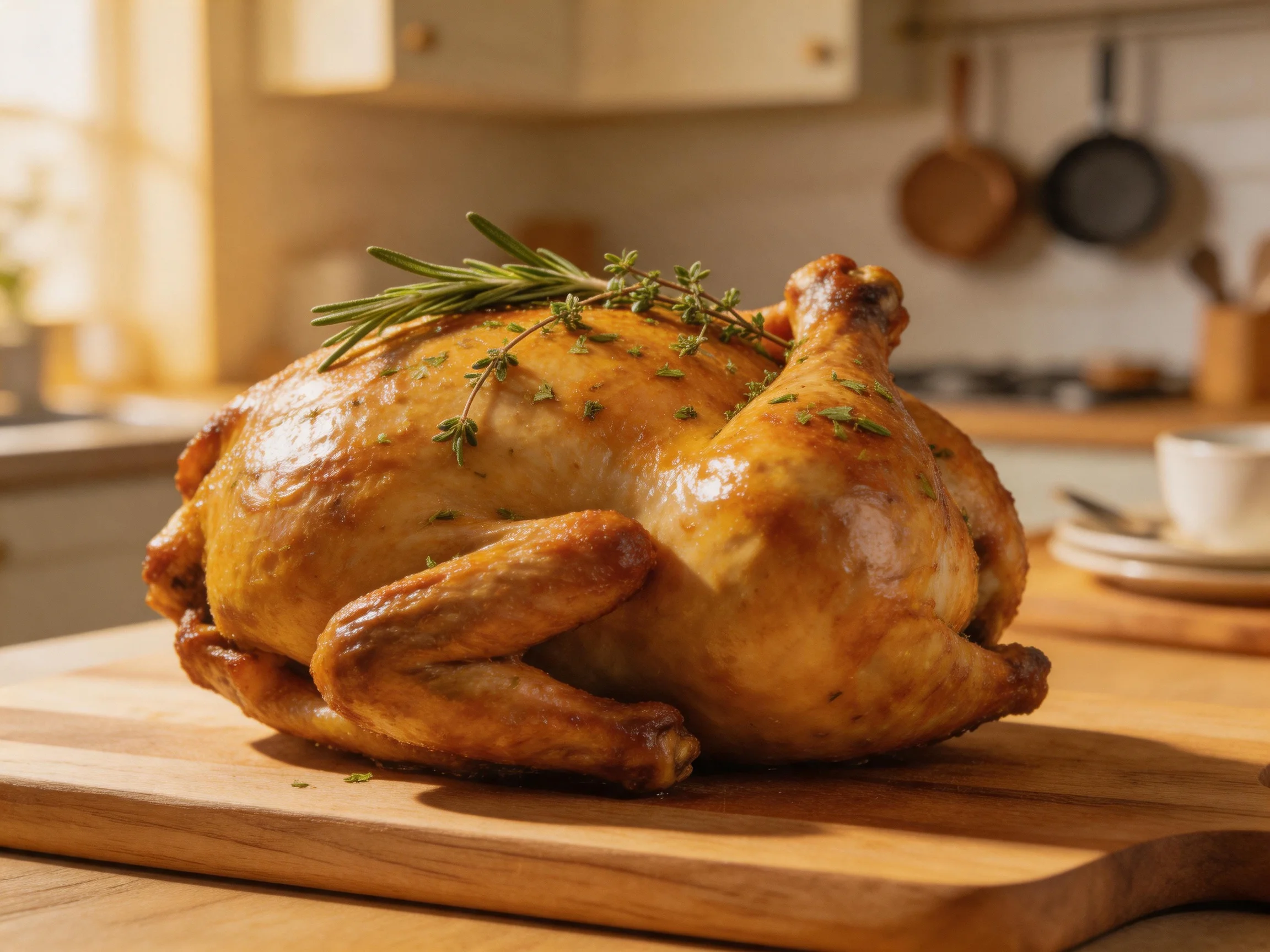Golden-brown roasted chicken garnished with fresh herbs on a wooden cutting board