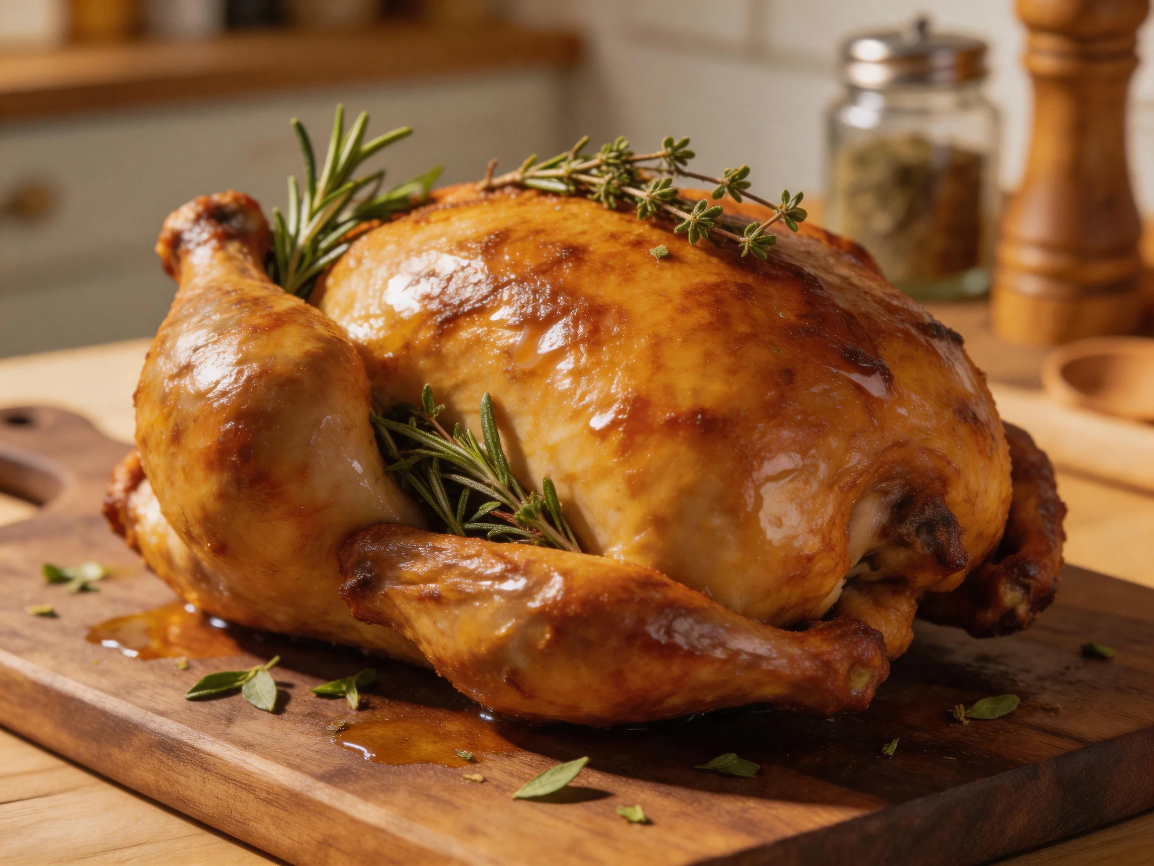 Golden-brown roasted chicken garnished with fresh herbs on a wooden cutting board