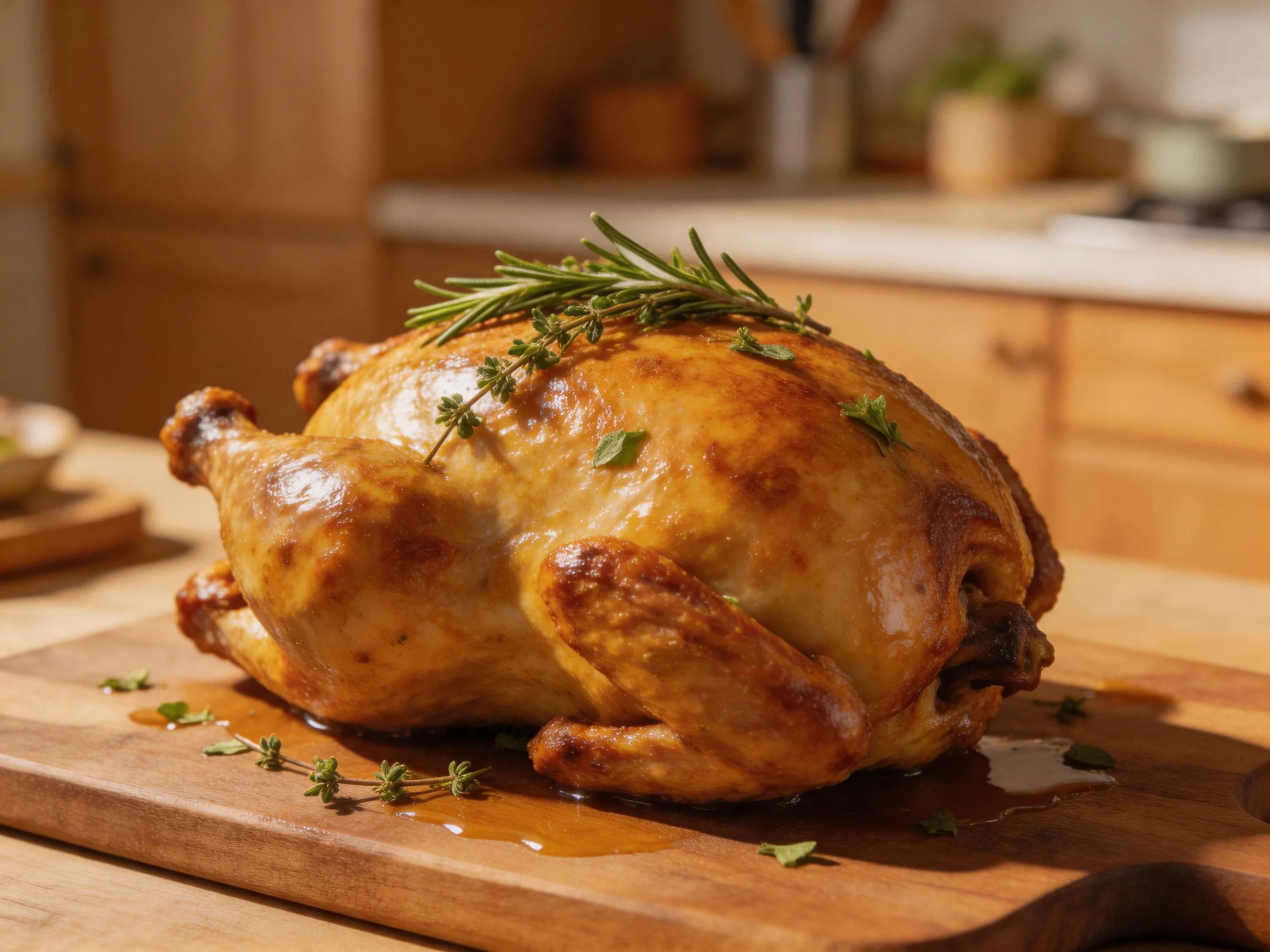A golden-brown roasted chicken garnished with herbs is presented on a wooden cutting board in a kitchen.