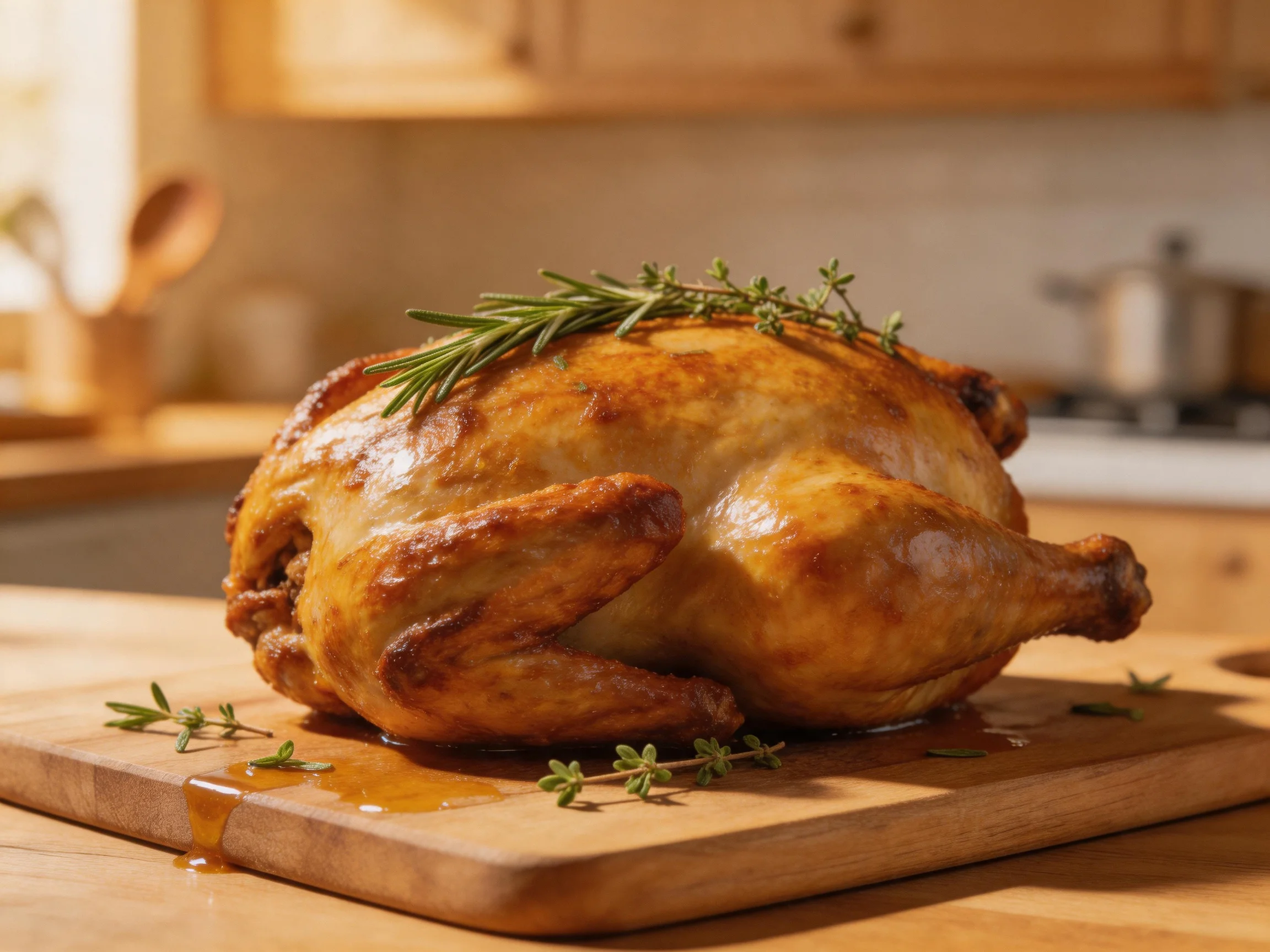 Golden-brown roasted chicken garnished with fresh herbs on a wooden cutting board