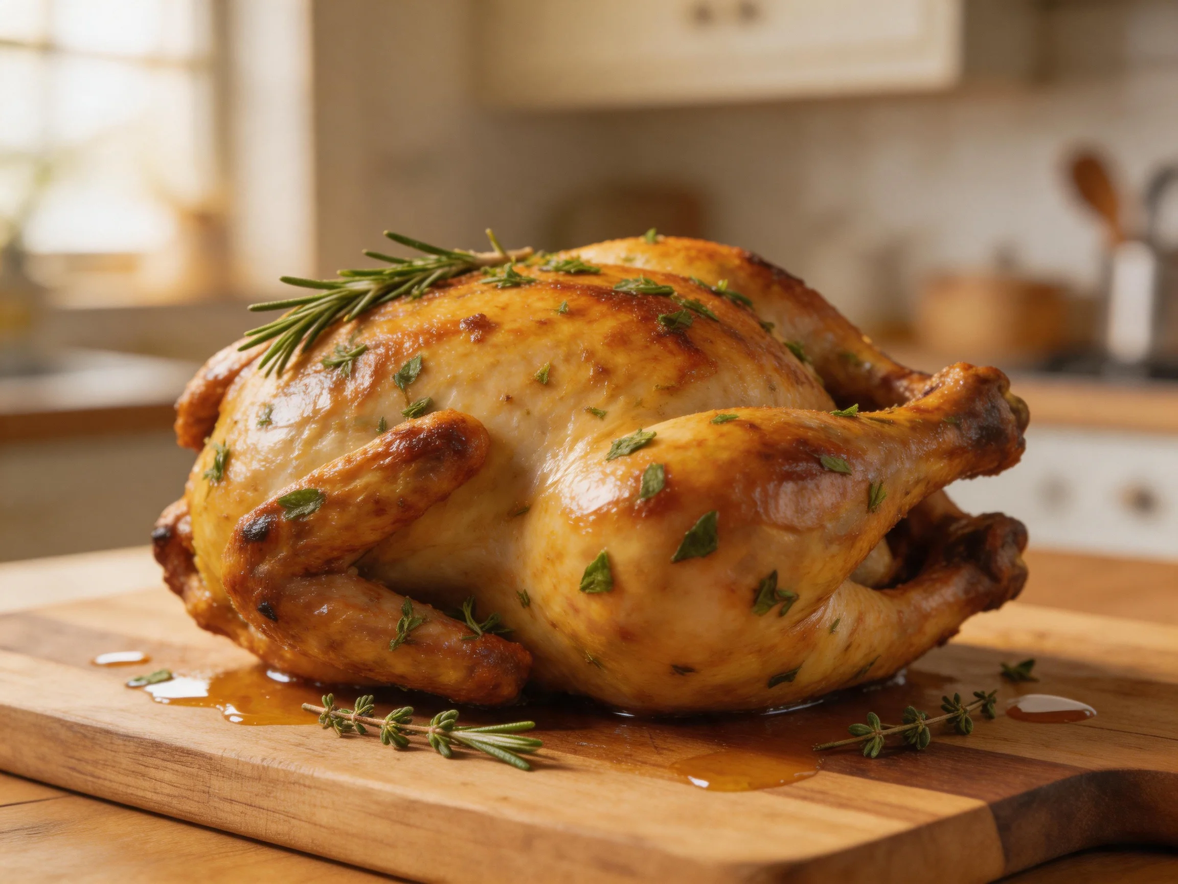 Golden-brown roasted chicken garnished with fresh herbs on a wooden cutting board