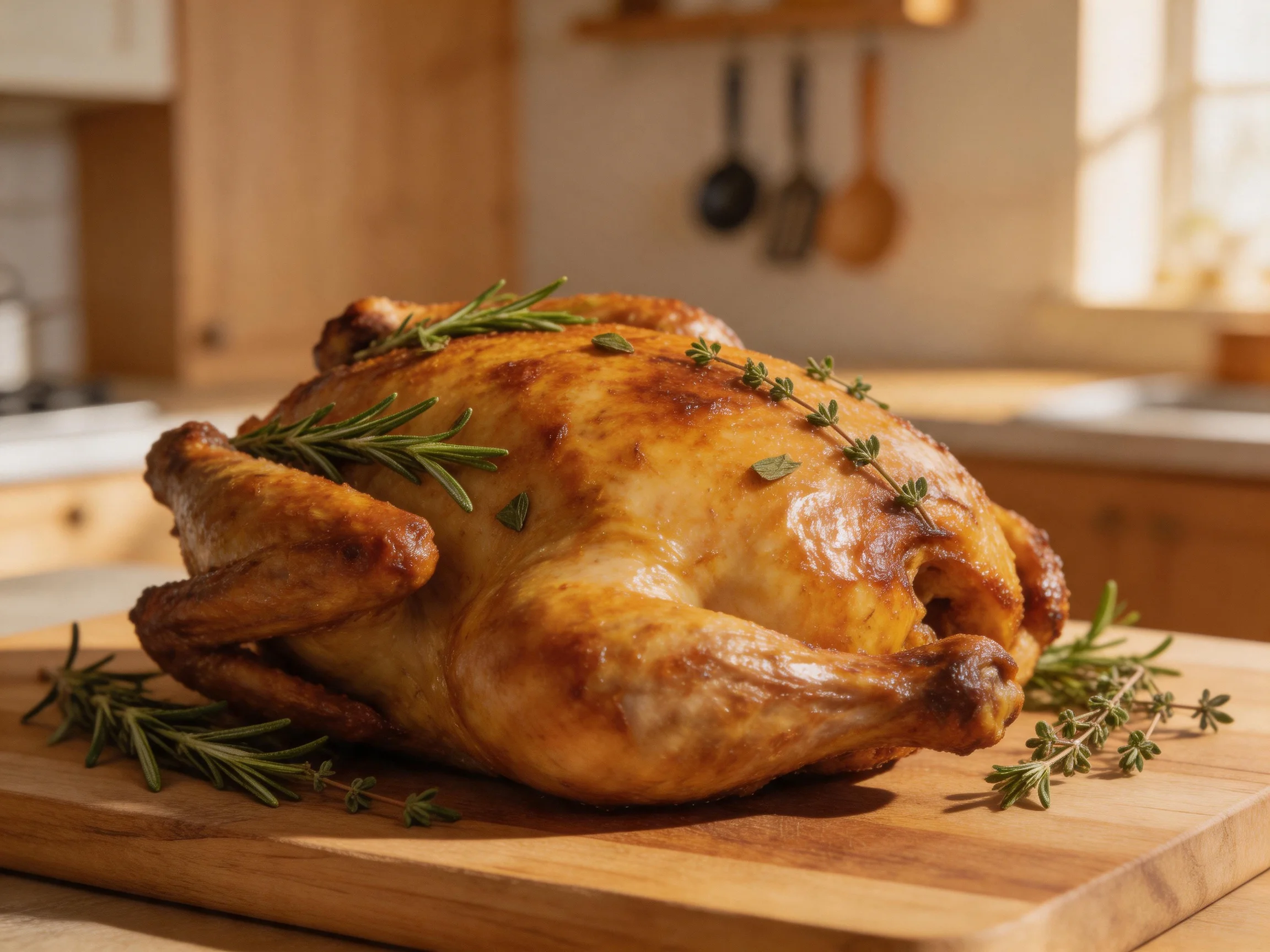 Golden-brown roasted chicken garnished with fresh herbs on a wooden cutting board
