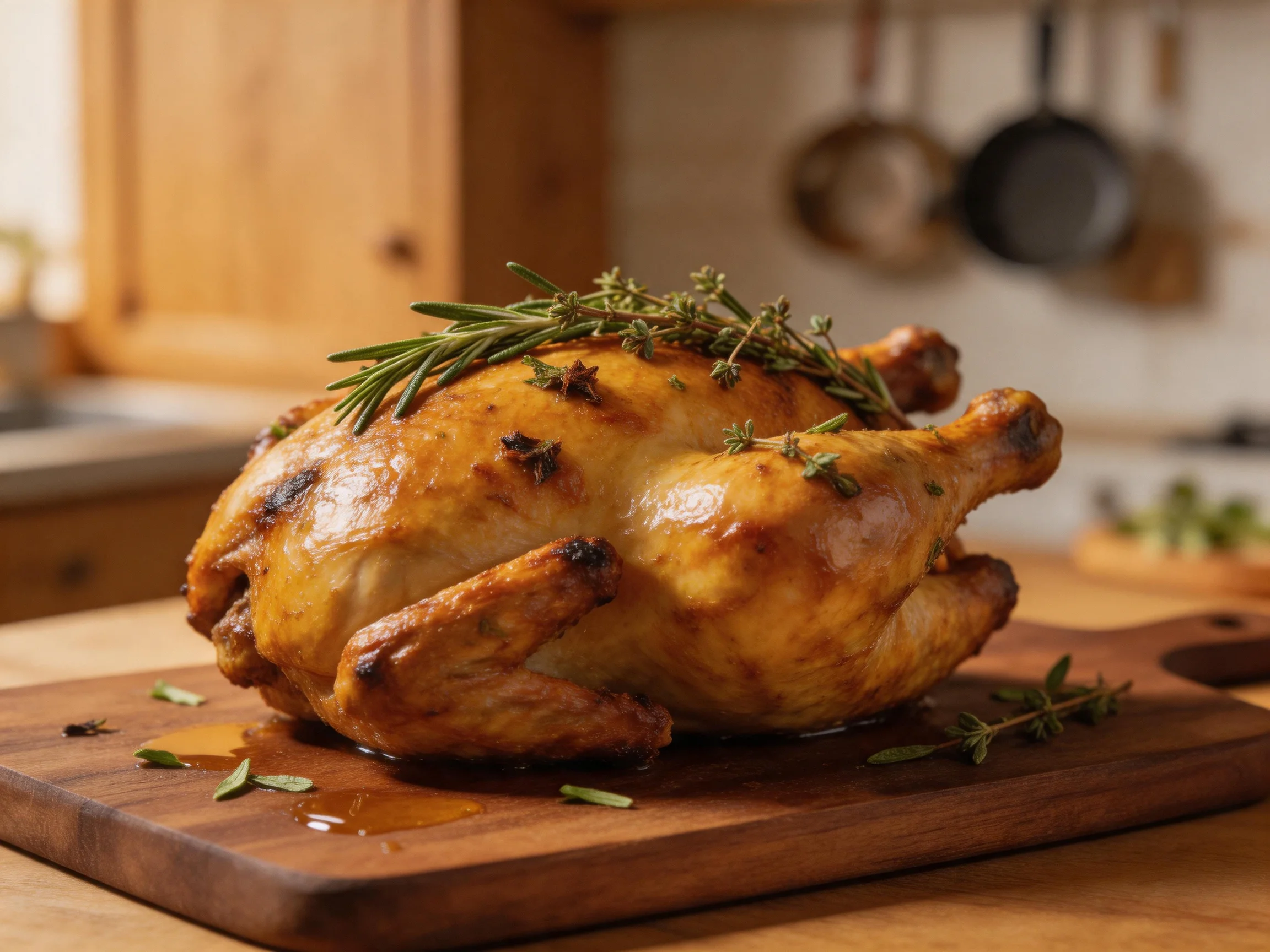 Golden-brown roasted chicken garnished with fresh herbs on a wooden cutting board