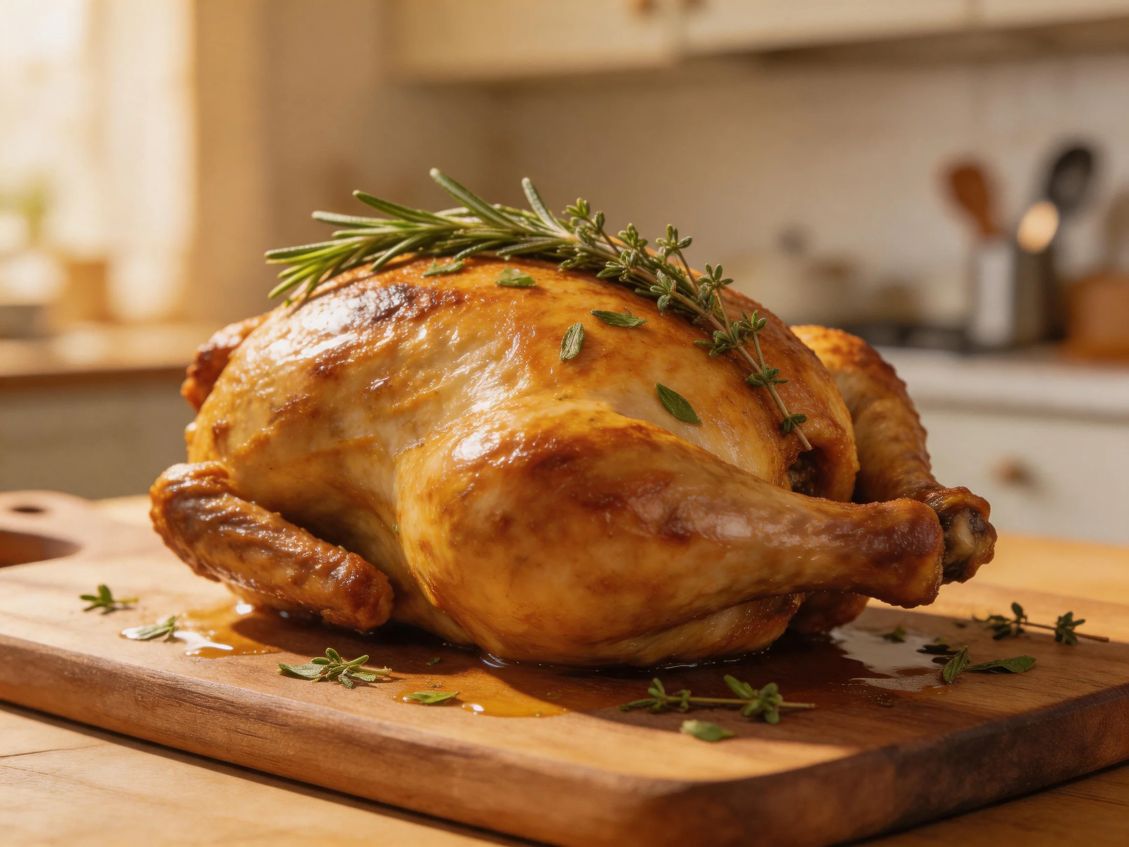 Golden-brown roasted chicken garnished with fresh herbs on a wooden cutting board