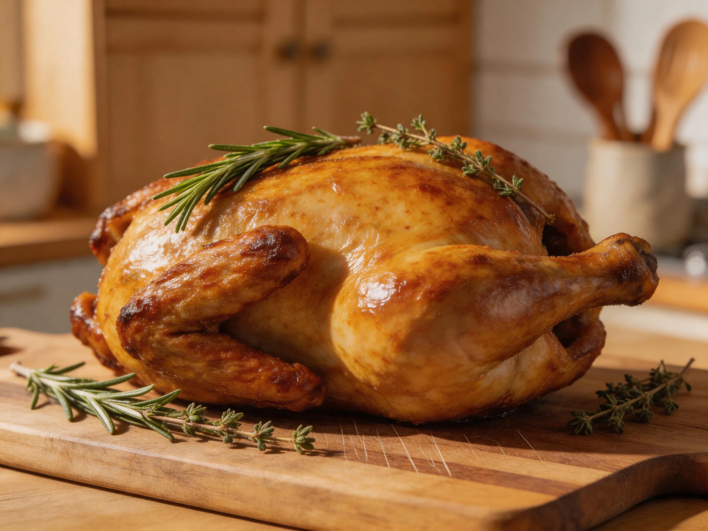 Golden-brown roasted chicken garnished with fresh herbs on a wooden cutting board