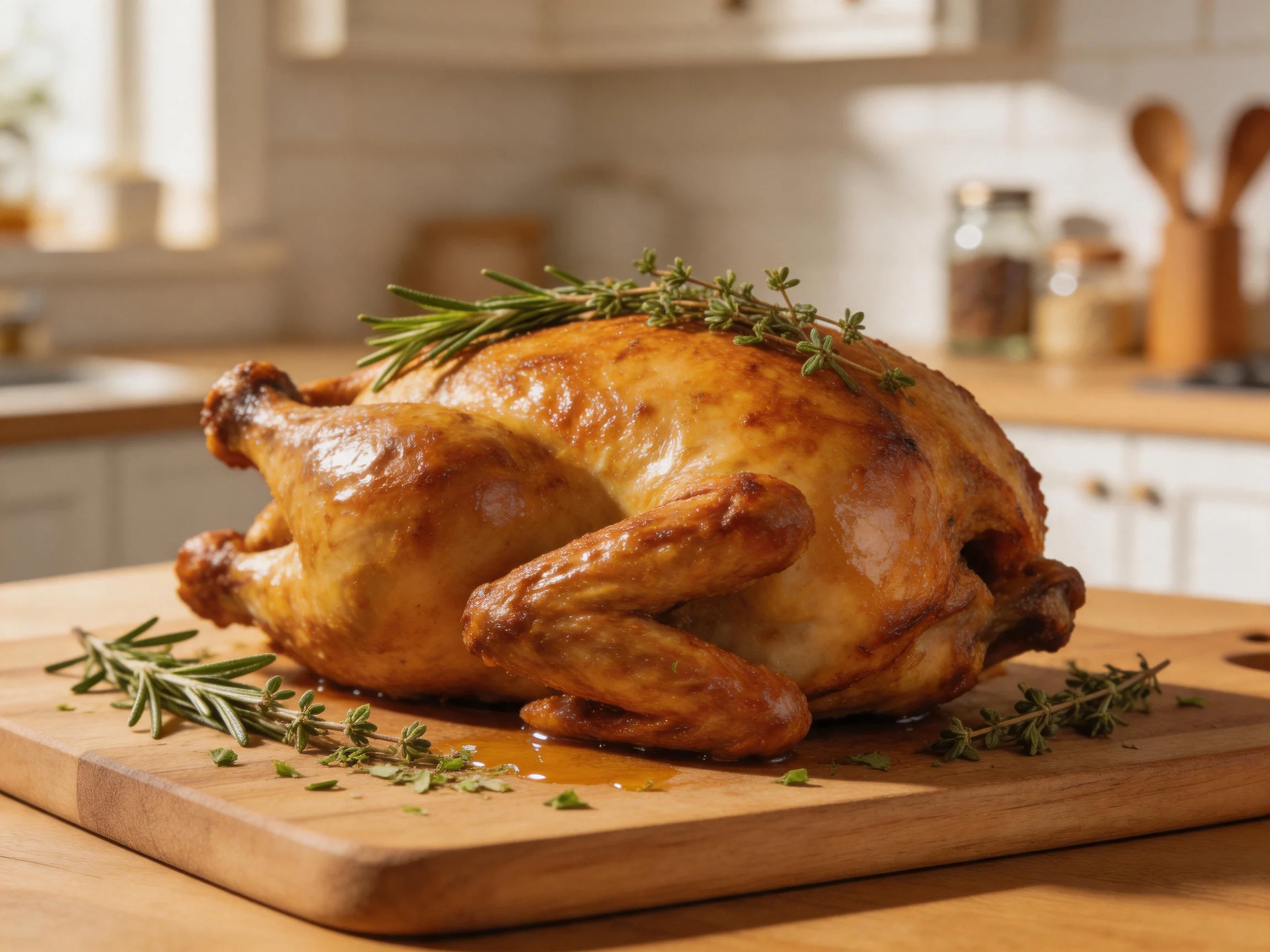 Golden-brown roasted chicken garnished with fresh herbs on a wooden cutting board