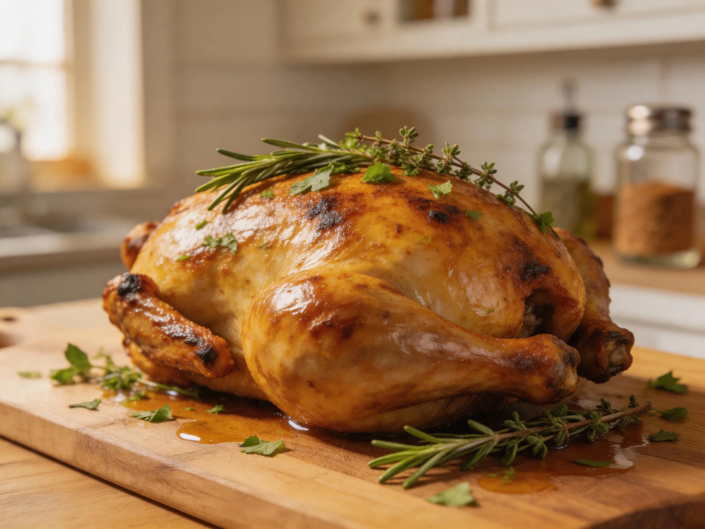 Golden-brown roasted chicken garnished with fresh herbs on a wooden cutting board