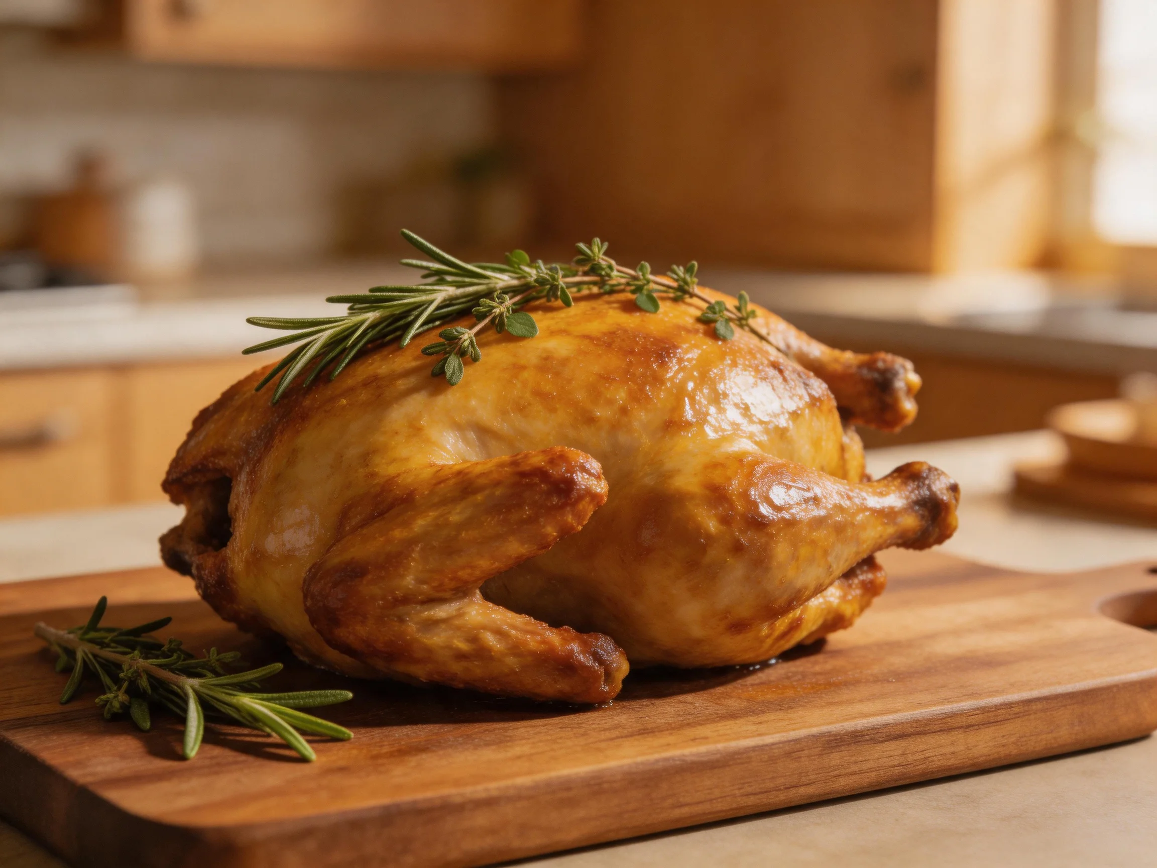 Golden-brown roasted chicken garnished with fresh herbs on a wooden cutting board
